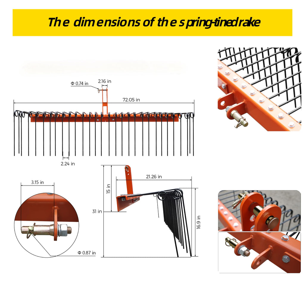 Garvee 72 Inch Pine Straw Rake Powder Coated Steel 30 Tines 3 Point Attachment Durable Rust-Resistant Landscape Garden