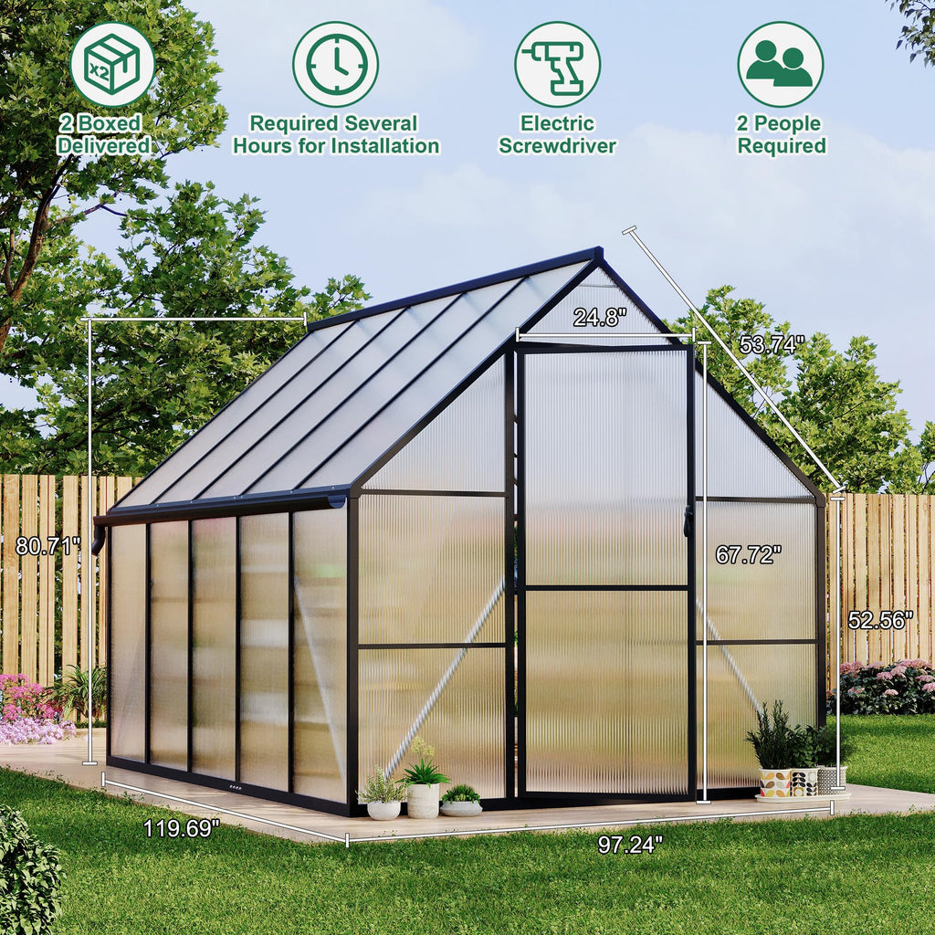 Garvee Heavy Duty Polycarbonate Greenhouse 8x10FT – Outdoor Walk-In Aluminum Frame, Double Swing Doors, Roof Vent, UV Protection, High Wind Resistant, Quick Setup, Garden, Black