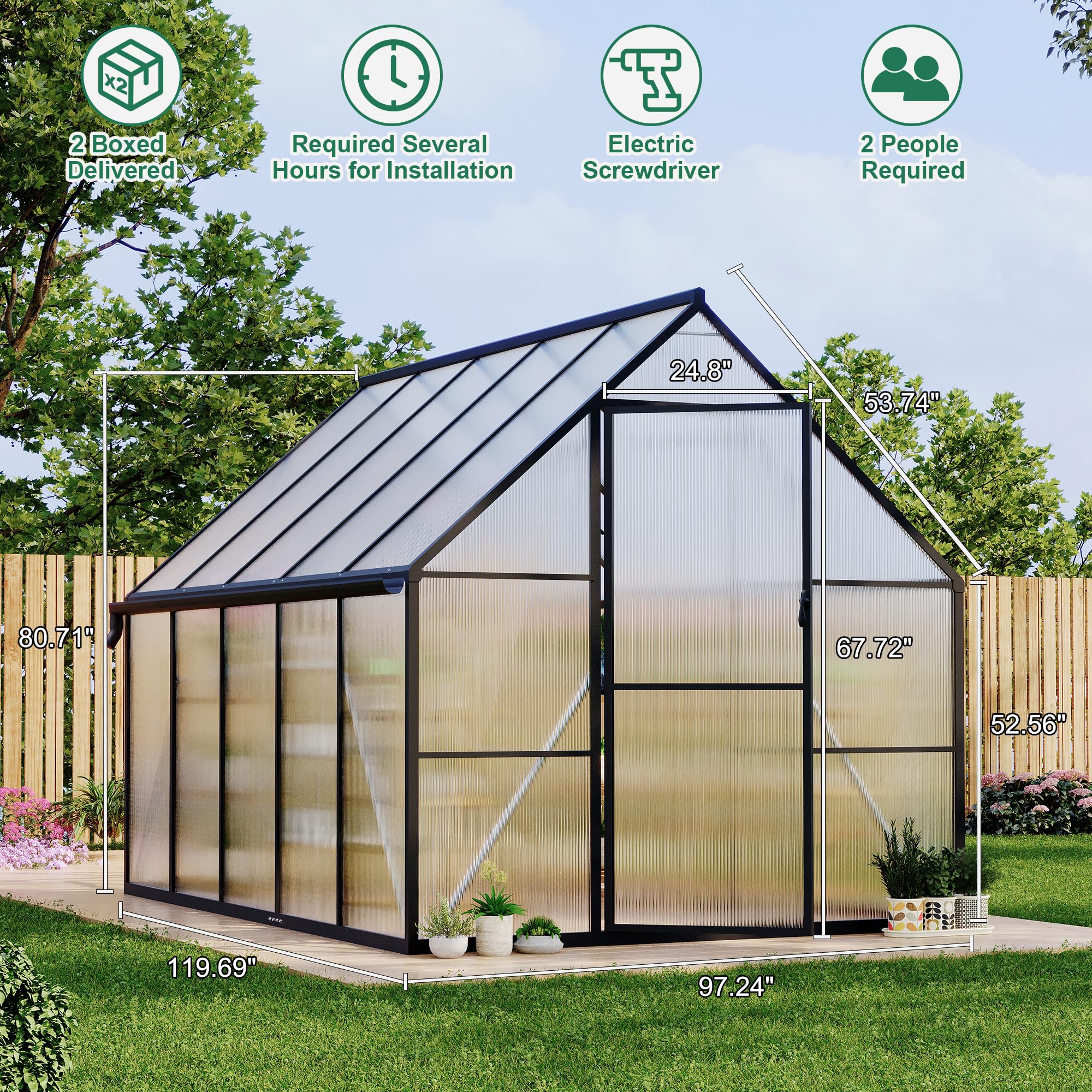 Garvee Heavy Duty Polycarbonate Greenhouse 8x10FT – Outdoor Walk-In Aluminum Frame, Double Swing Doors, Roof Vent, UV Protection, High Wind Resistant, Quick Setup, Garden, Black