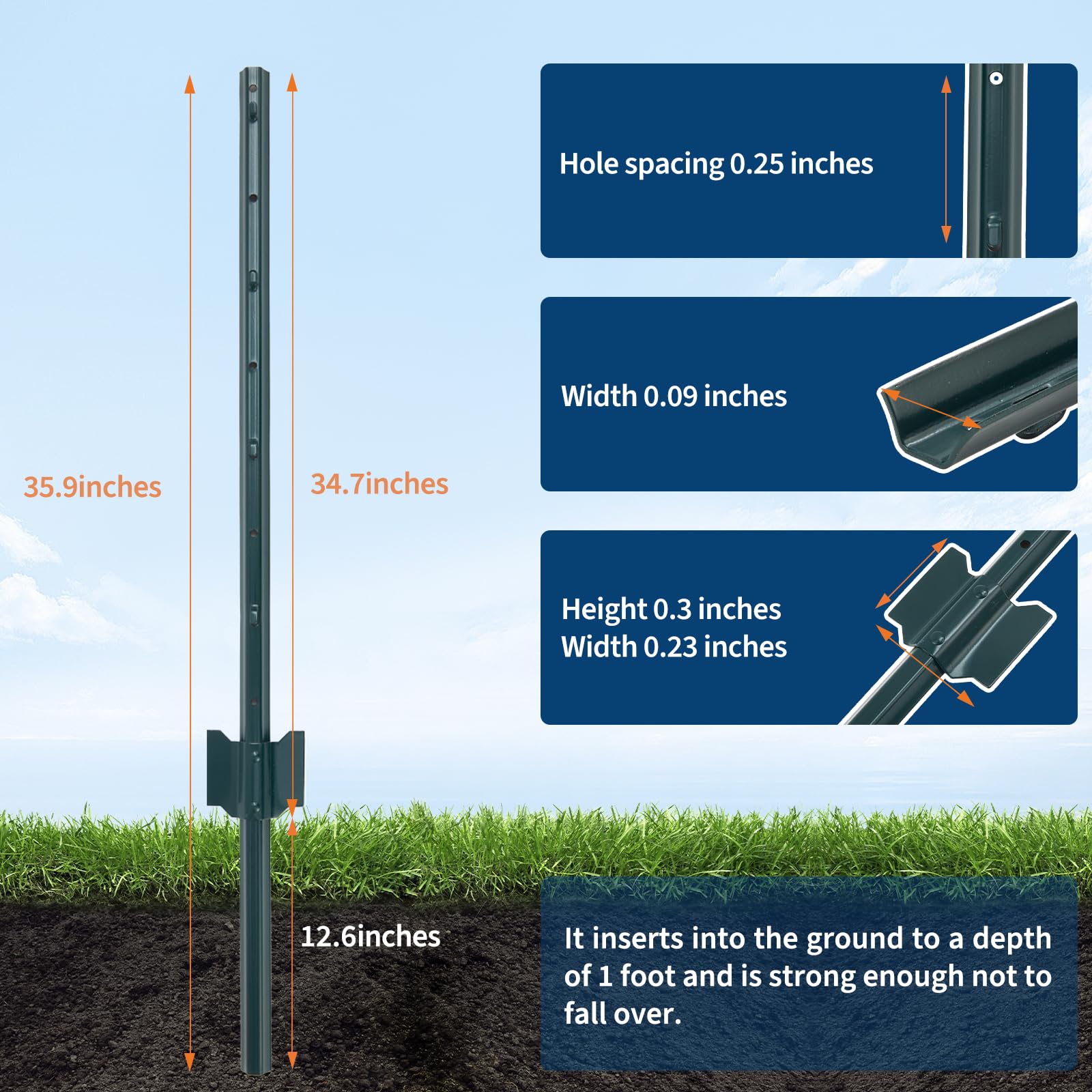 Garvee 10 Packs 3ft Garden Fence Posts Steel U-Channel Powder-Coated Durable Adjustable Tabs for Wire Fencing Garden Protection