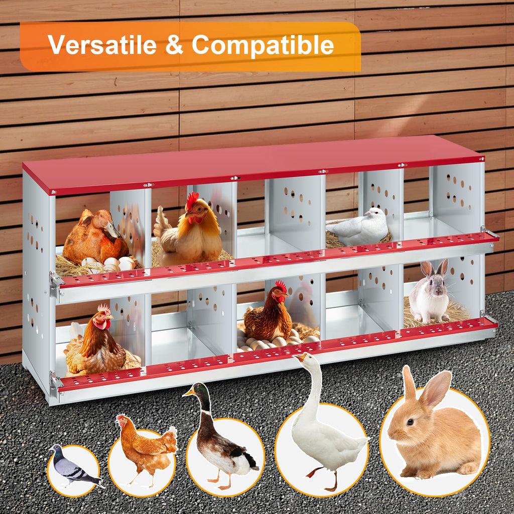 Garvee 10-Compartment Chicken Nesting Box Galvanized Steel Roll-Away Egg Collection Perching Bar Heavy Duty for Chicken Coops