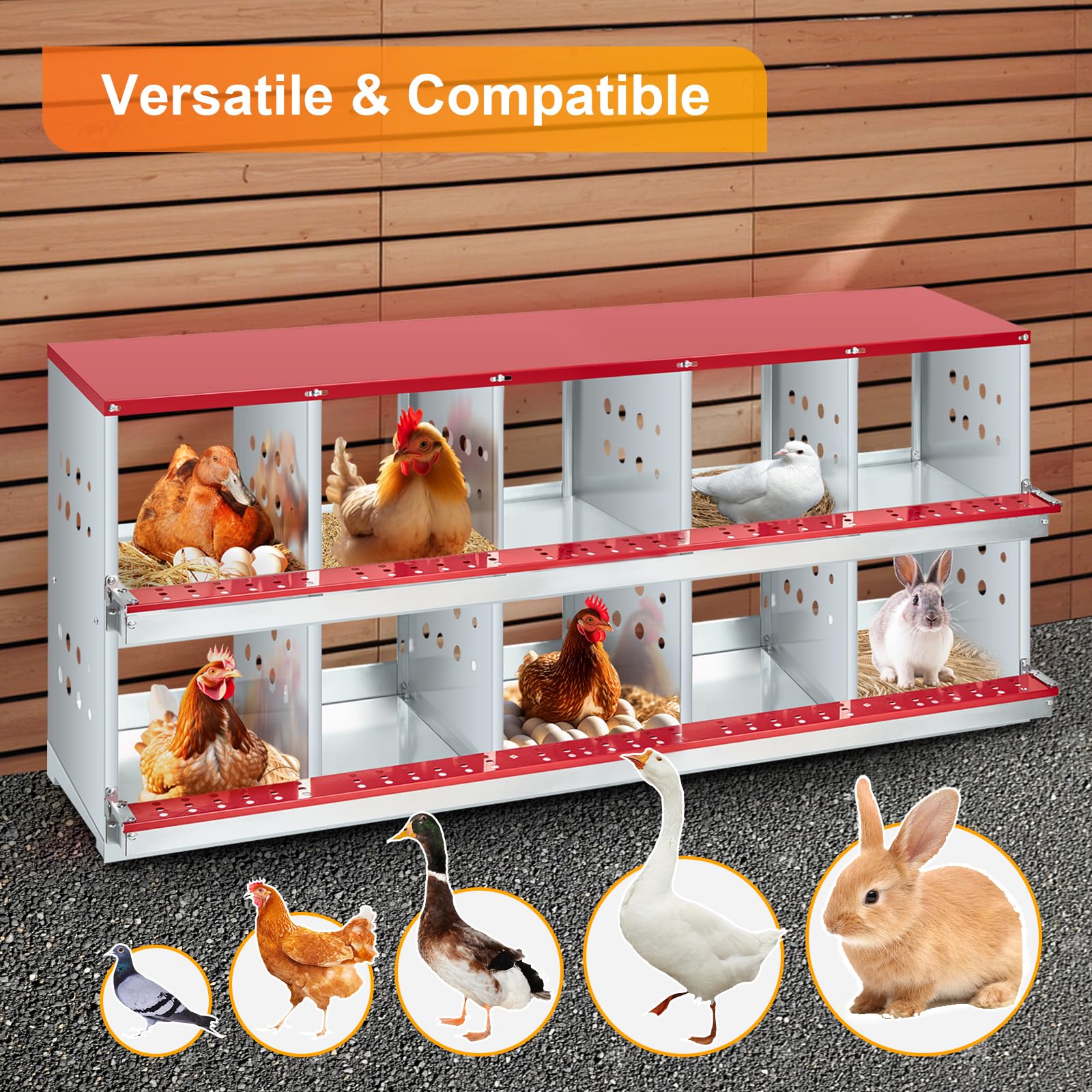 Garvee 10-Compartment Chicken Nesting Box Galvanized Steel Roll-Away Egg Collection Perching Bar Heavy Duty for Chicken Coops