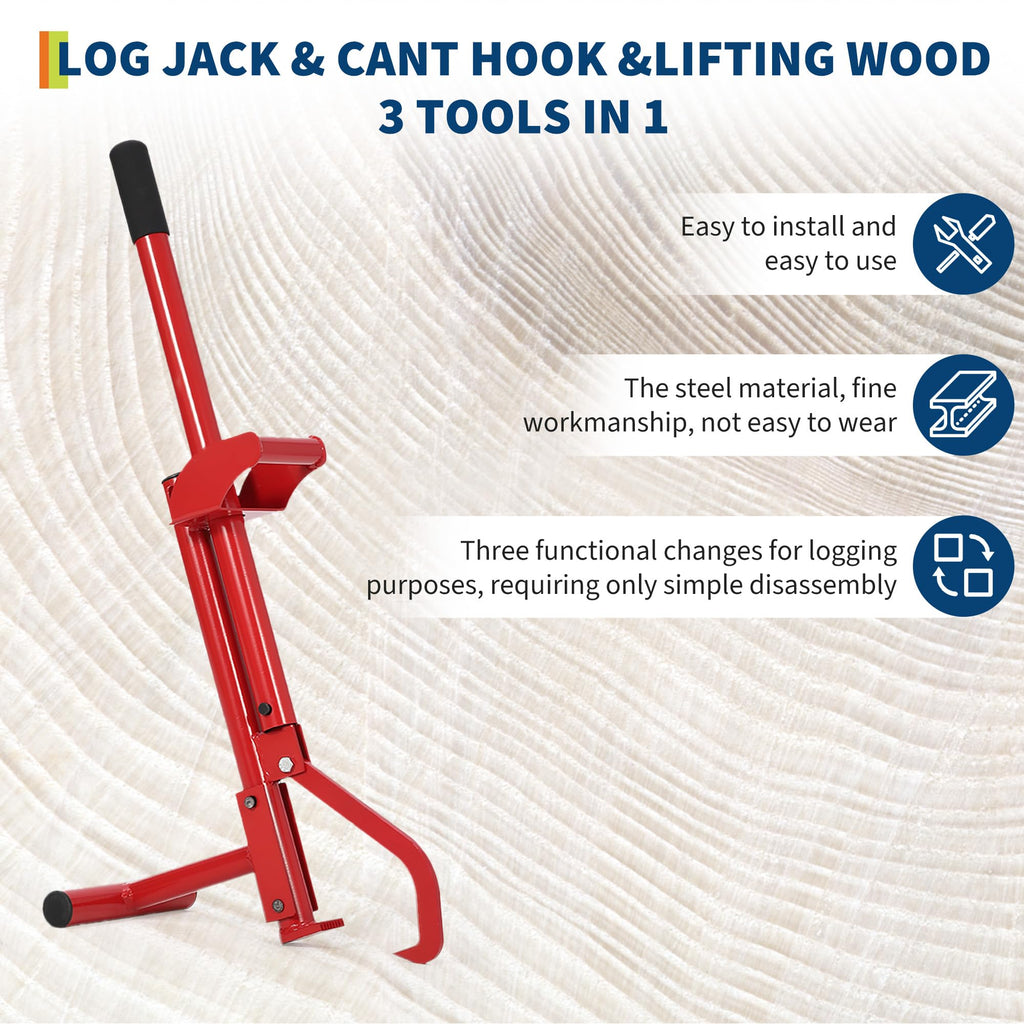 Garvee 3-IN-1 Logging Tool Cant Hook Log Hauler Timberjack Carbon Steel Red Durable Versatile Firewood Harvesting