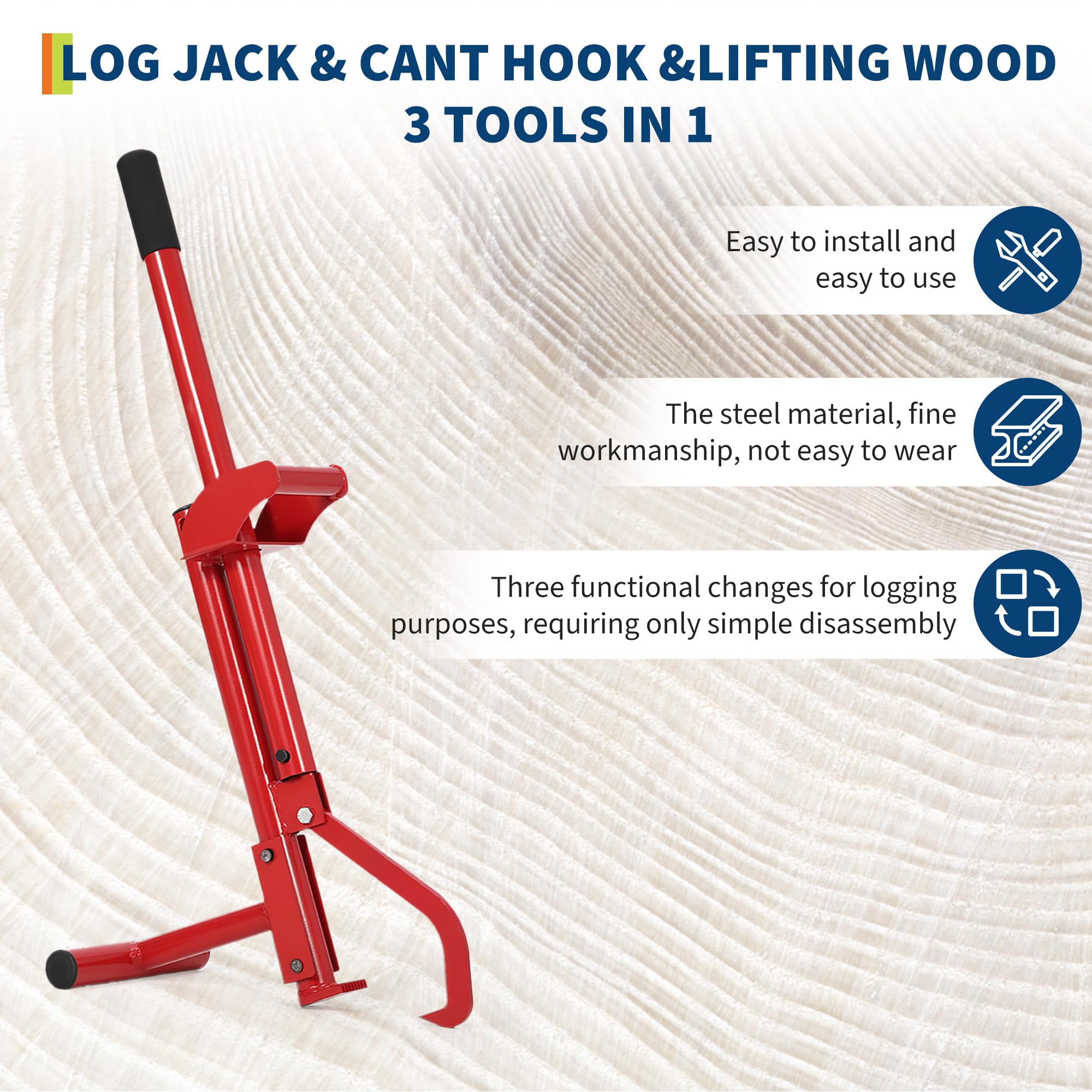 Garvee 3-IN-1 Logging Tool Cant Hook Log Hauler Timberjack Carbon Steel Red Durable Versatile Firewood Harvesting