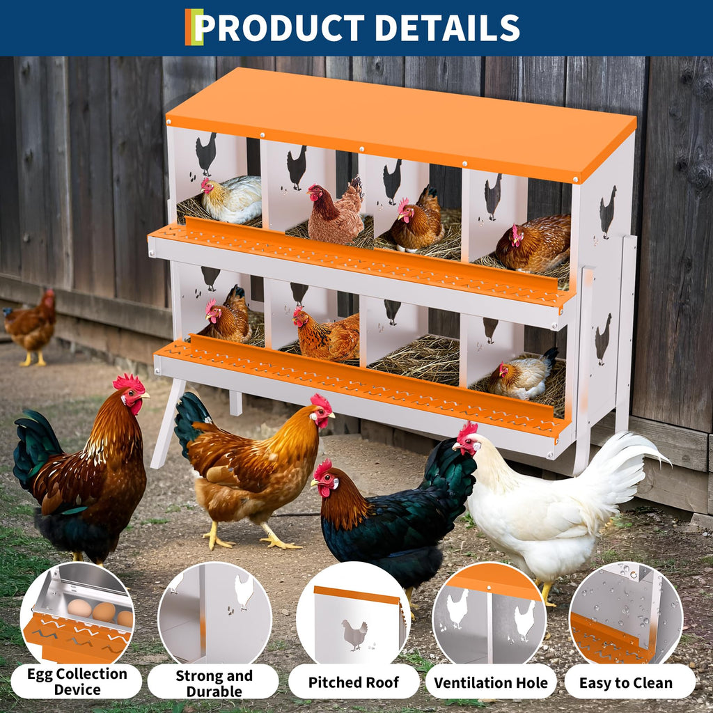 Garvee 8-Hole Bracket Legs Chicken Nesting Box Galvanized Steel Rustproof Automatic Egg Collection Ventilated Easy Install Wall or Freestanding for Chicken Coop Orange