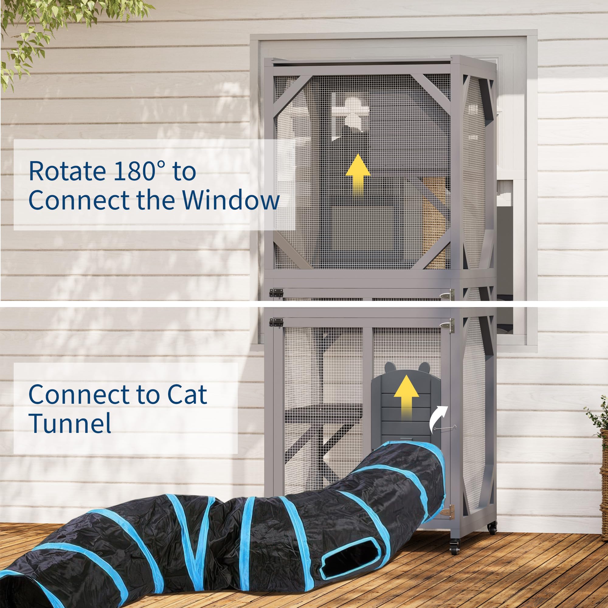 Garvee 4 Tier Wood Catio Outdoor Window Cat Enclosure with Scratch Post & Resting Box, Weatherproof Roof, Lockable Casters, Dual Sliding Doors, Indoor-Outdoor Playpen