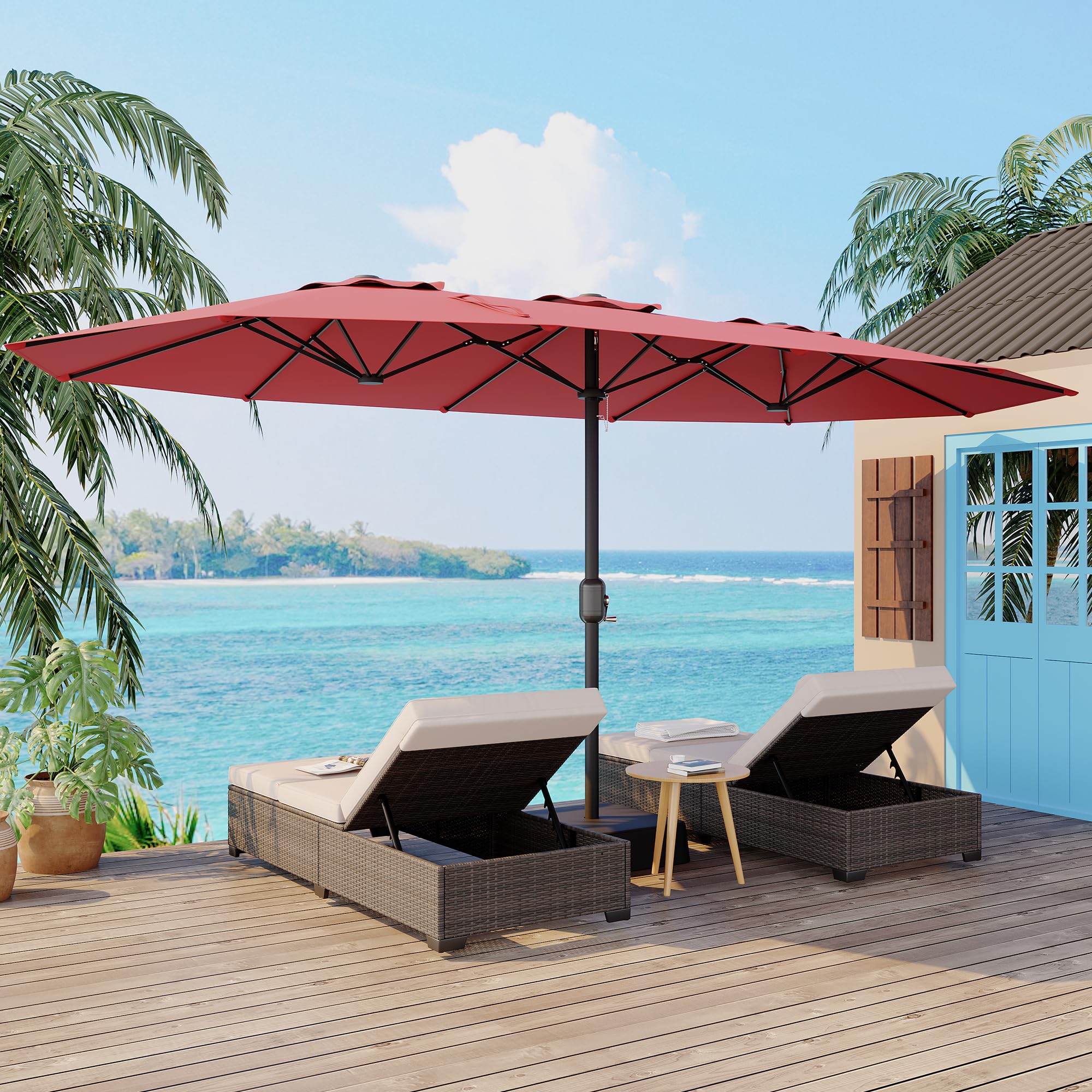 Garvee 15ft Double-Side Rectangular Pool Umbrella with Base - Large 133 sq.ft Shade, Manual Crank, 180G Polyester, Rust-Resistant Steel Ribs - Patio, Poolside, Backyard