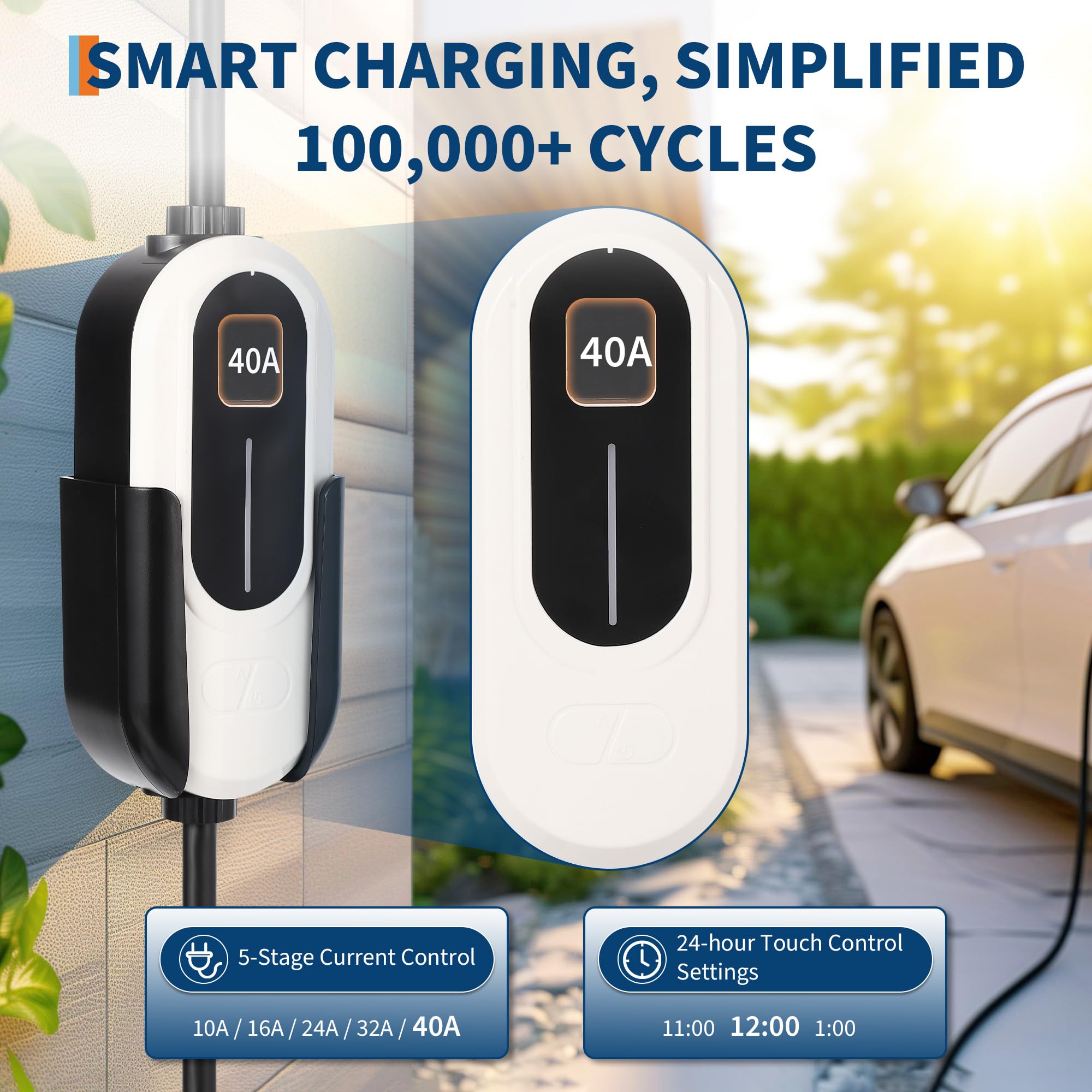 Garvee Level 2 EV Charger, 40A 240V Voltage, NEMA 14-50 Plug, 25ft Cable, Adjustable Current/Delay Timer, SAE J1772 Listed Portable Electric Vehicle Charging Stations for Indoor/Outdoor Use, WiFi Enabled
