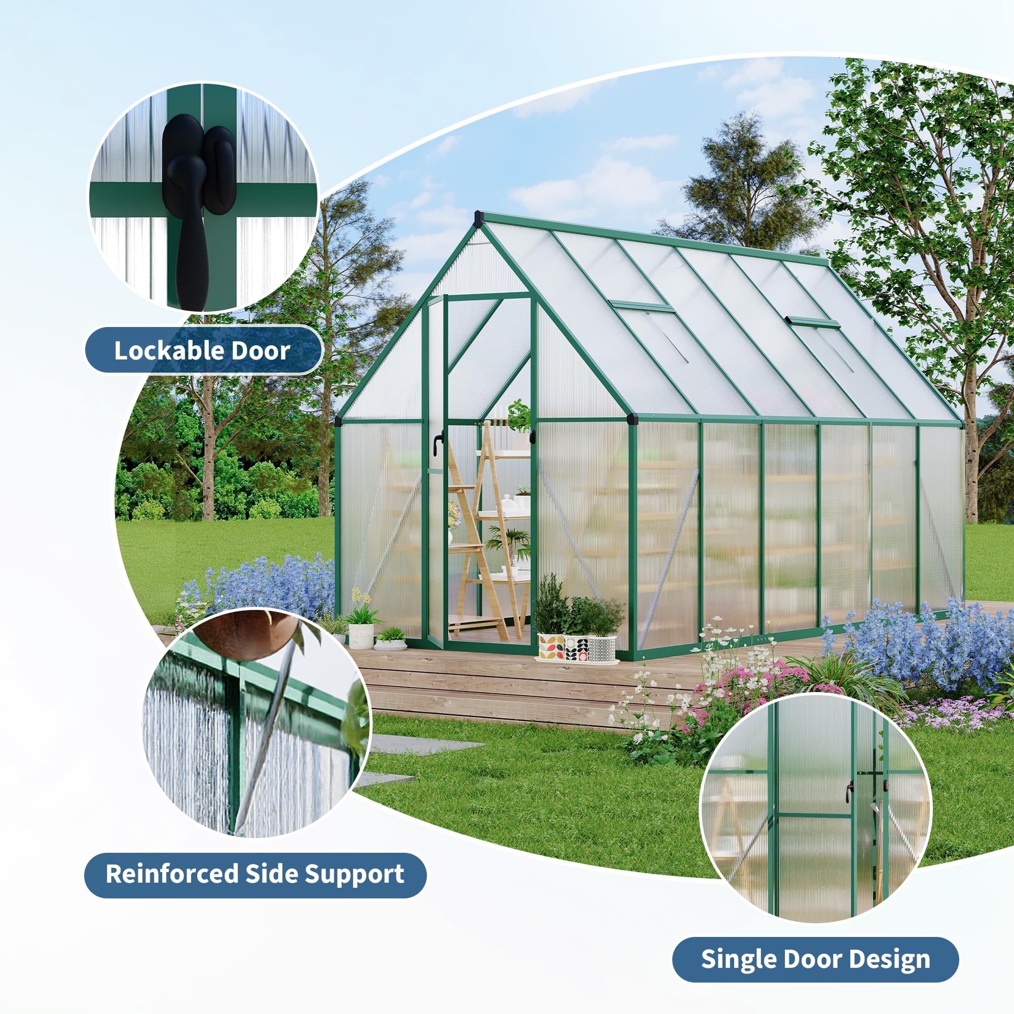 Garvee Heavy Duty Polycarbonate Greenhouse Kit - Large 6x11 FT Walk-In Outdoor Greenhouse with Aluminum Frame, Roof Vent, Quick Setup, Enhanced Winter Plant Protection - Green