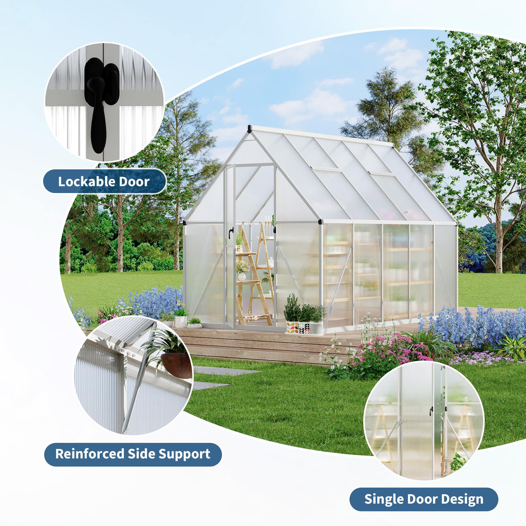 Garvee Heavy Duty 6x9 FT Aluminum Polycarbonate Walk-In Greenhouse - Double Swing Doors, Roof Vent, Rain Gutter, High Wind Resistant, Quick Setup, for Outdoor Garden, Silver