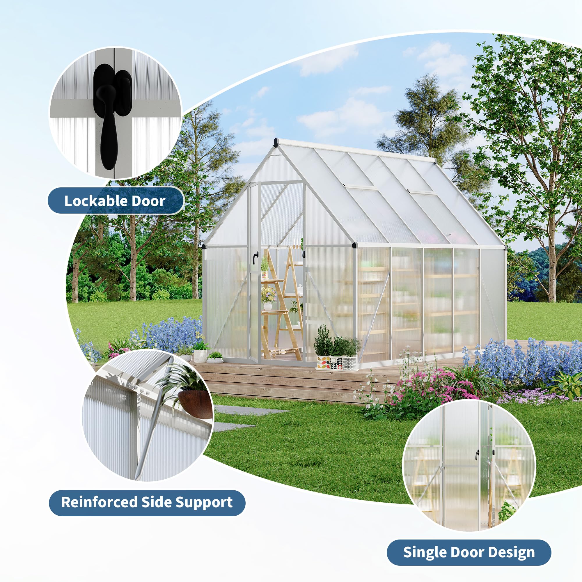 Garvee Heavy Duty 6x9 FT Aluminum Polycarbonate Walk-In Greenhouse - Double Swing Doors, Roof Vent, Rain Gutter, High Wind Resistant, Quick Setup, for Outdoor Garden, Silver