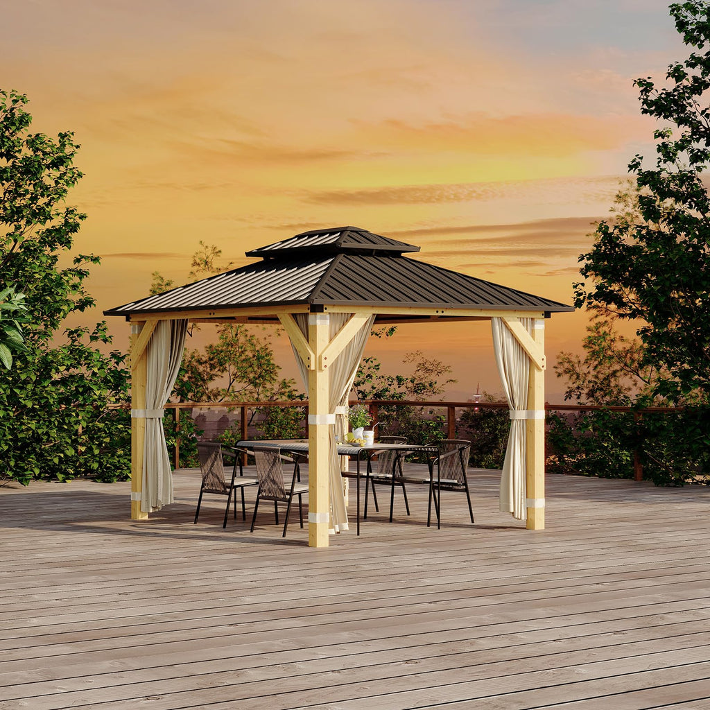 Garvee Wood Gazebo 10x12 Ft Double Galvanized Steel Roof Hardtop Wooden Frame with Nettings and Curtains for Backyard Patio Garden