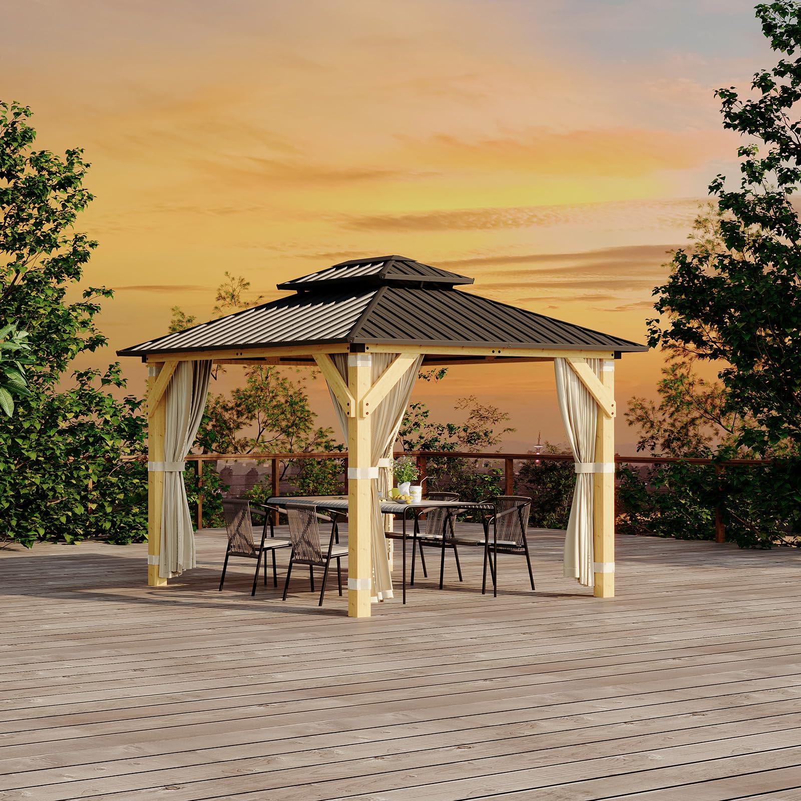 Garvee Wood Gazebo 10x12 Ft Double Galvanized Steel Roof Hardtop Wooden Frame with Nettings and Curtains for Backyard Patio Garden