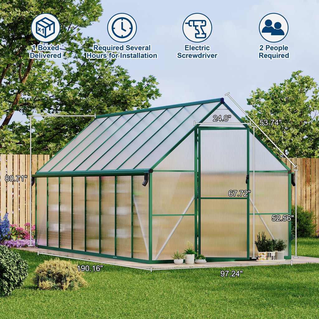 Garvee 8X16FT Polycarbonate Greenhouse with Aluminum Frame, Polycarbonate Greenhouse for Outdoors, Greenhouses with Ventilation and Rain Gutter, Aluminum Large Walk-in Greenhouses for Outside