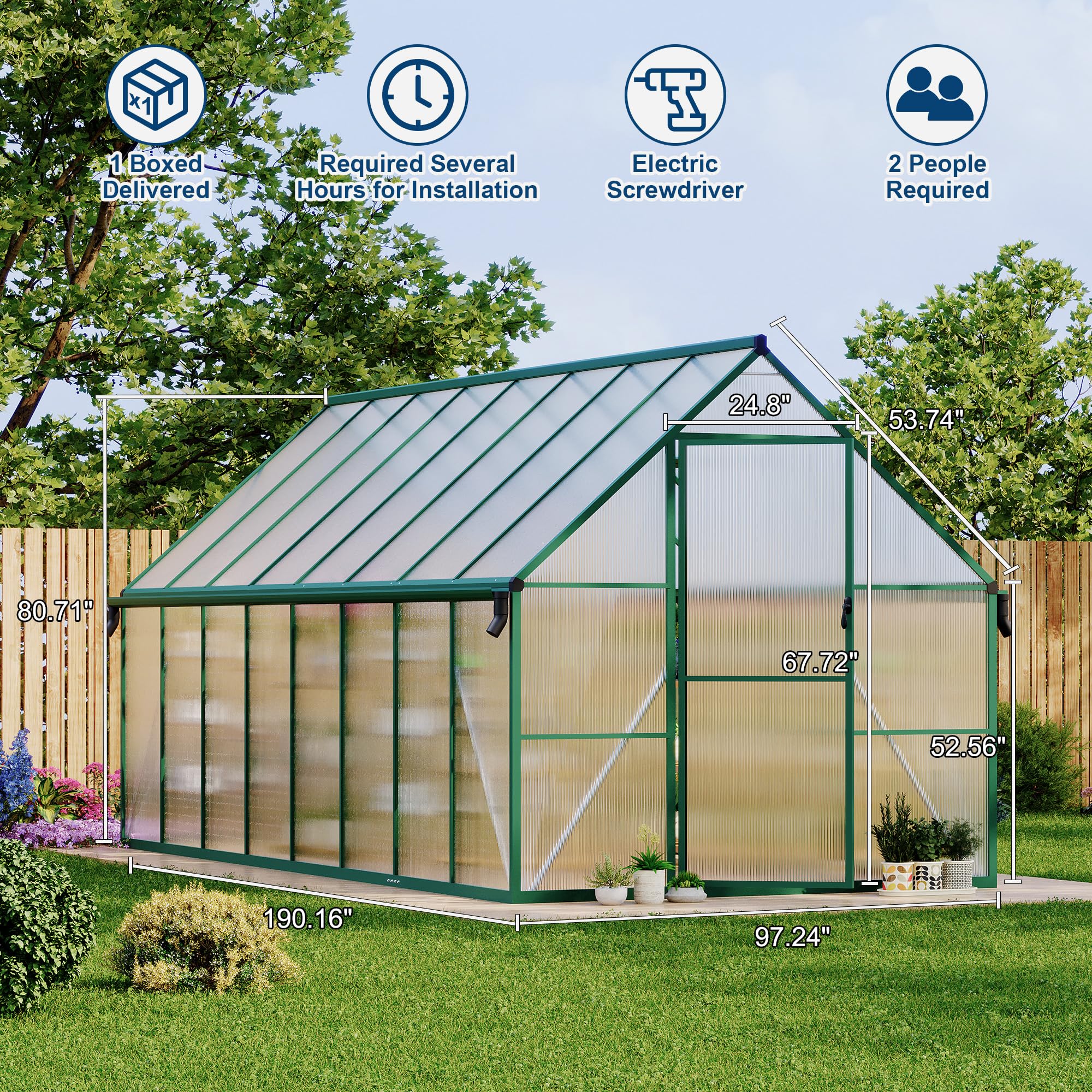 Garvee 8X16FT Polycarbonate Greenhouse with Aluminum Frame, Polycarbonate Greenhouse for Outdoors, Greenhouses with Ventilation and Rain Gutter, Aluminum Large Walk-in Greenhouses for Outside