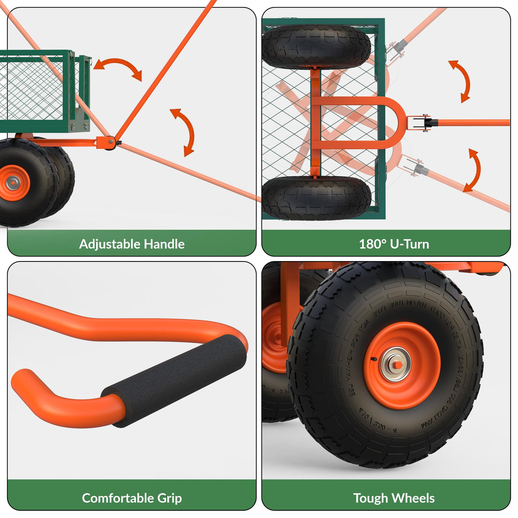 Garvee Steel Garden Cart Utility Wagon, 500 LBS Capacity, Folding Design, Removable Sides, 10 Inch Tires, Heavy-Duty Steel, Green & Orange, Outdoor Lawn Use