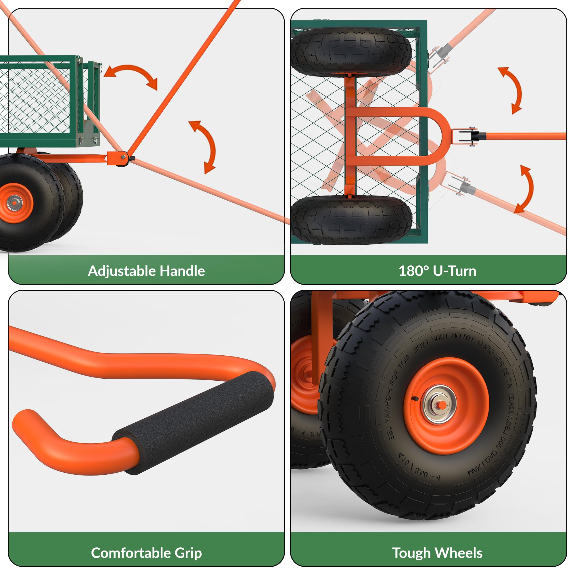 Garvee Steel Garden Cart Utility Wagon, 500 LBS Capacity, Folding Design, Removable Sides, 10 Inch Tires, Heavy-Duty Steel, Green & Orange, Outdoor Lawn Use