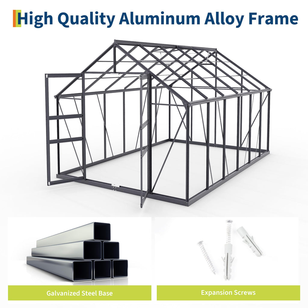 Garvee 8x12 FT Outdoor Walk-in Greenhouse with Polycarbonate Panels, Vent Roof, Windproof Aluminum Frame, Rain Gutters, for Backyard Gardening