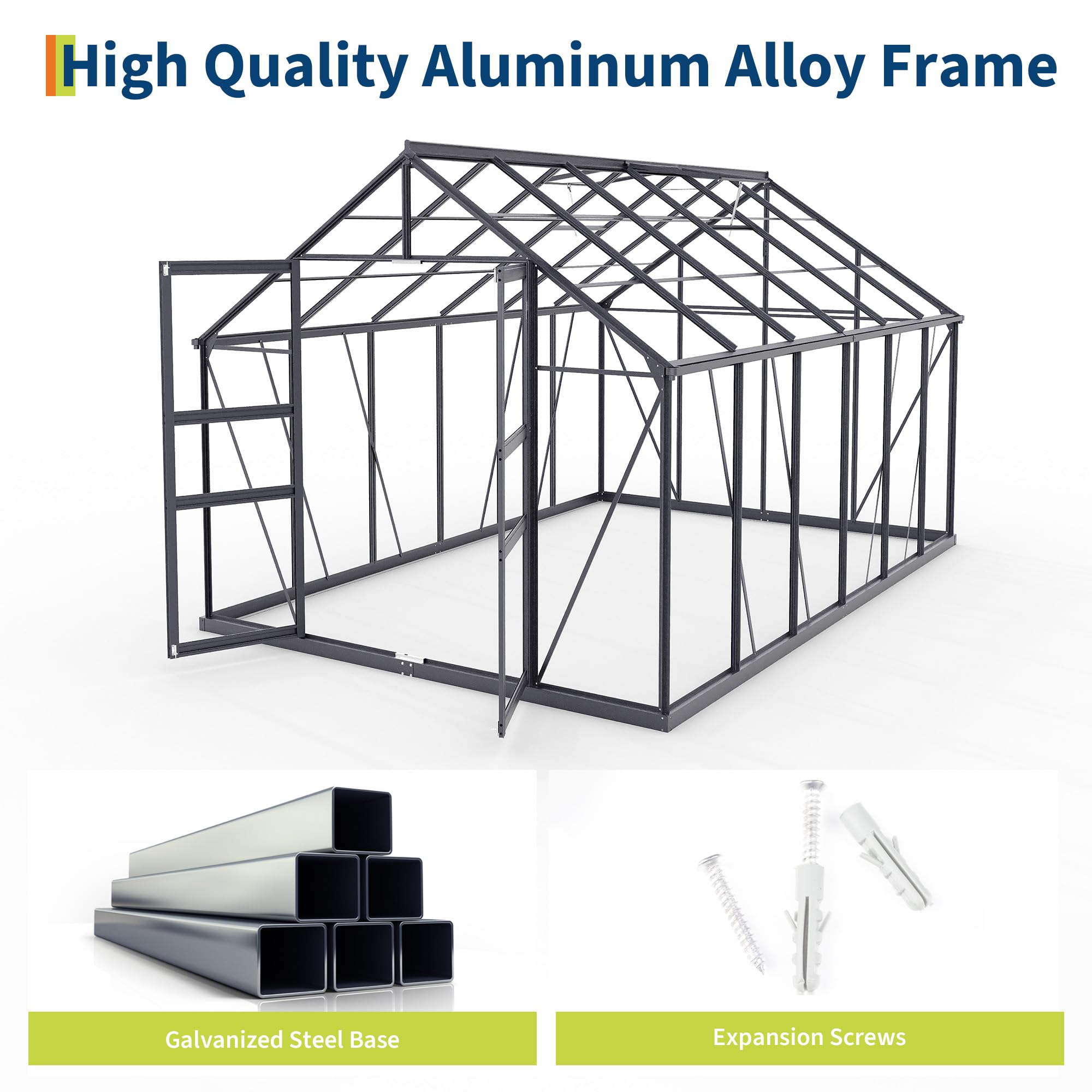 Garvee 8x12 FT Outdoor Walk-in Greenhouse with Polycarbonate Panels, Vent Roof, Windproof Aluminum Frame, Rain Gutters, for Backyard Gardening