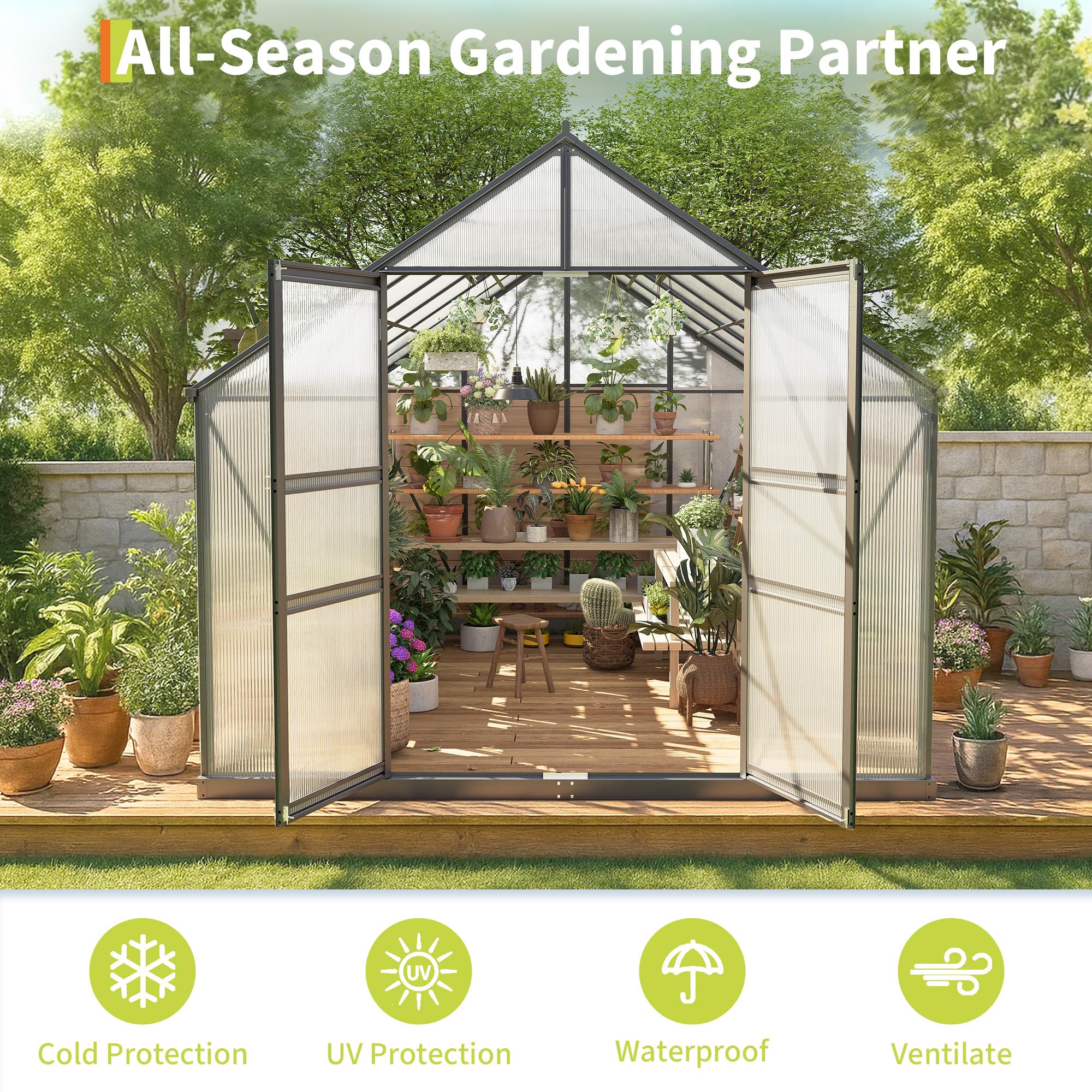 Garvee 8x12 FT Outdoor Walk-in Greenhouse with Polycarbonate Panels, Vent Roof, Windproof Aluminum Frame, Rain Gutters, for Backyard Gardening