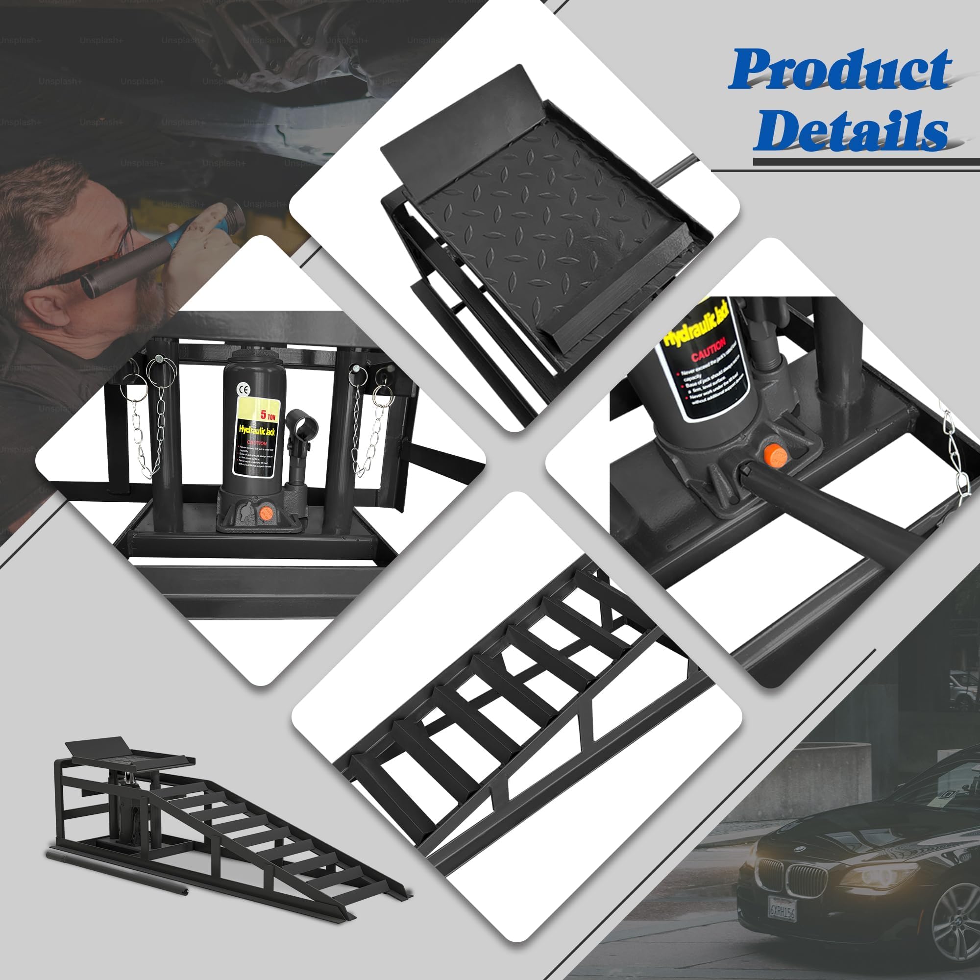 Garvee 2-Pack Hydraulic Car Ramps, 3 Ton Heavy-Duty Steel with Adjustable Height, Wide Incline, and Low Profile for Vehicle Maintenance and Garage Use, Black