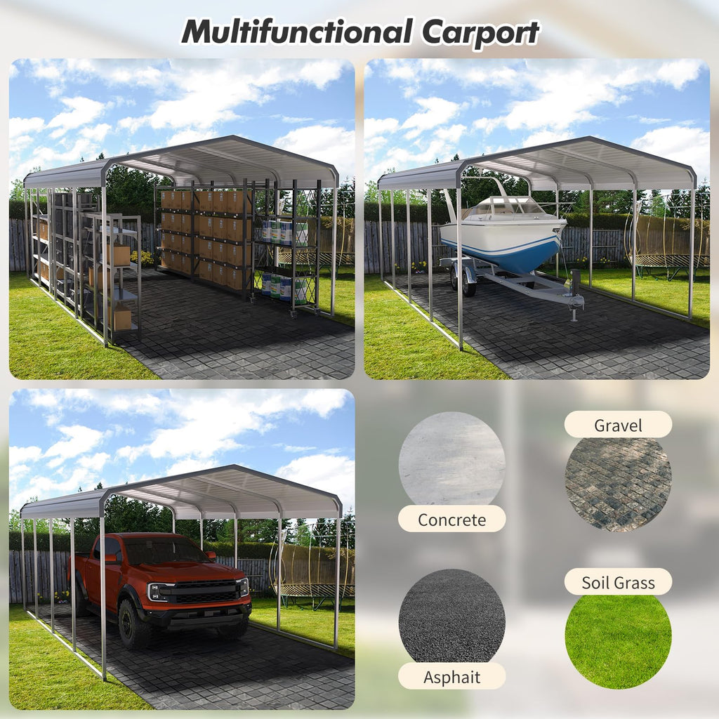 Garvee 12x20 FT Heavy-Duty Metal Carport with Galvanized Steel Roof & Frame, Rust-Resistant, Weatherproof, Stable Base, Easy Assembly, Outdoor Vehicle Shelter