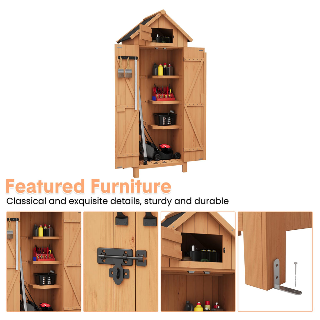 Garvee Outdoor Wooden Storage Shed Waterproof with Lockable Door, Tilt Roof, 3 Shelves, Engineered Wood, Space-Saving Vertical Design for Patio and Garden