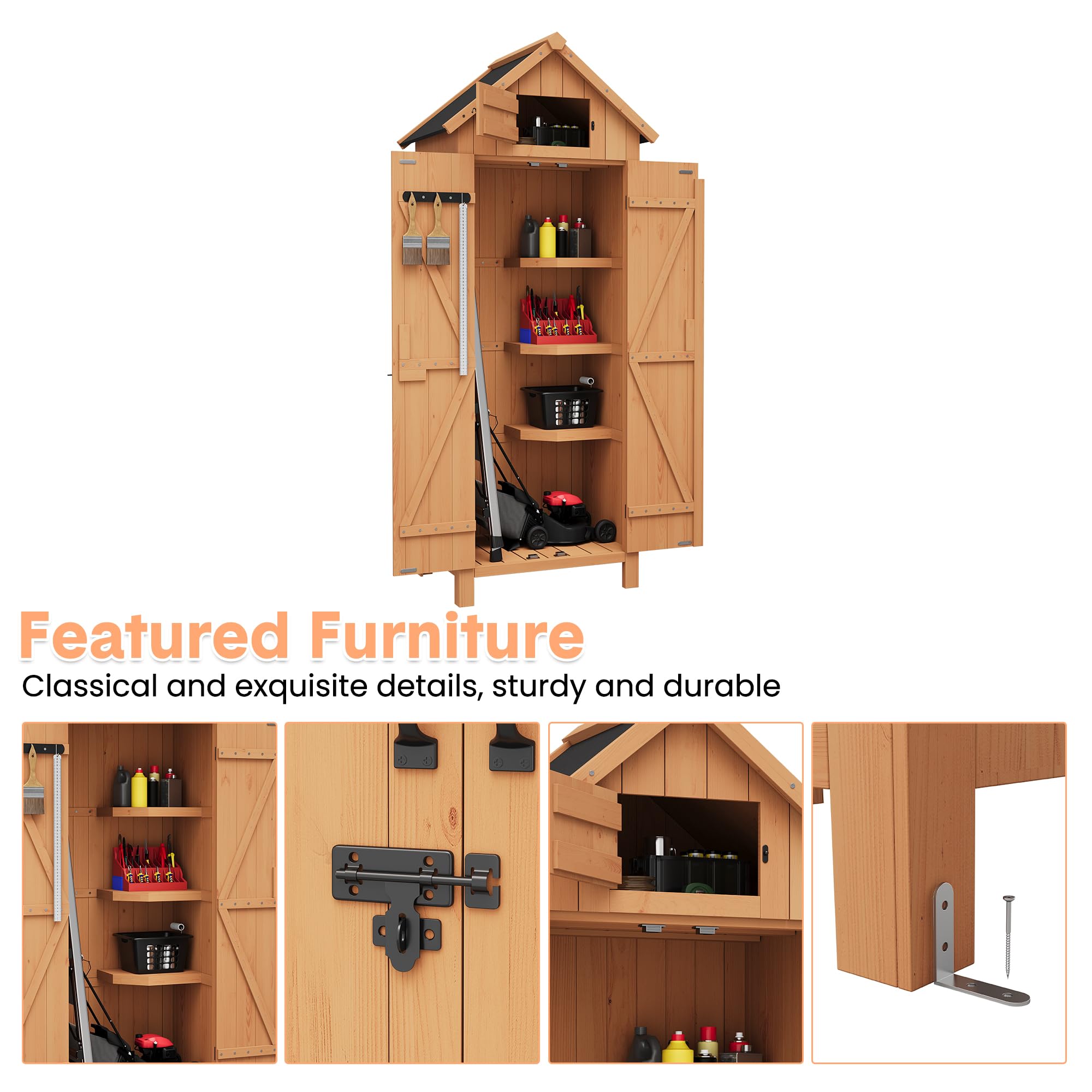 Garvee Outdoor Wooden Storage Shed Waterproof with Lockable Door, Tilt Roof, 3 Shelves, Engineered Wood, Space-Saving Vertical Design for Patio and Garden
