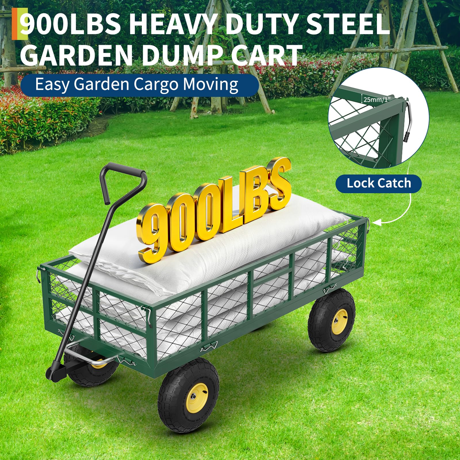 Garvee Garden Dump Cart 900 LBS Capacity Quick-Release Dumping Removable Steel Sidewalls 180° Swivel Handle 10" Pneumatic Tires Yard Farm Utility