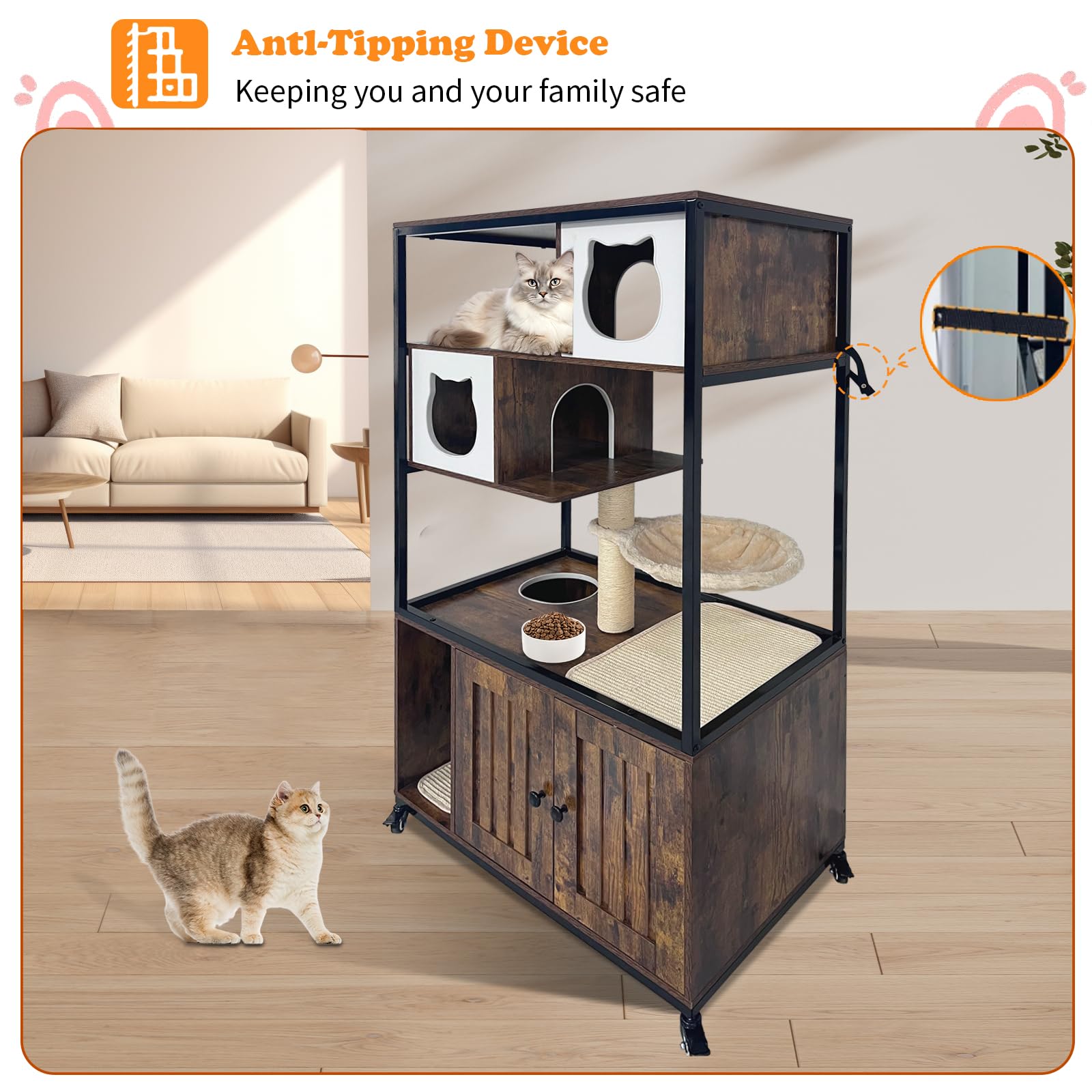Garvee Cat Litter Box Enclosure Hidden Litter Box Multi-Level Play Area Durable Particleboard Metal Frame Anti-Tip Kit Wheels Indoor Cat Furniture