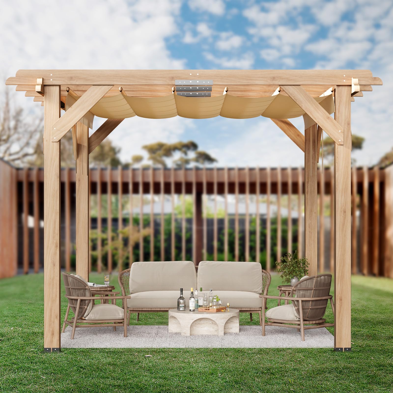 Garvee 10x10 FT Cedar Wood Pergola with Retractable Oxford Fabric Roof, Durable Waterproof Patio Gazebo, Easy Assembly, Outdoor Garden