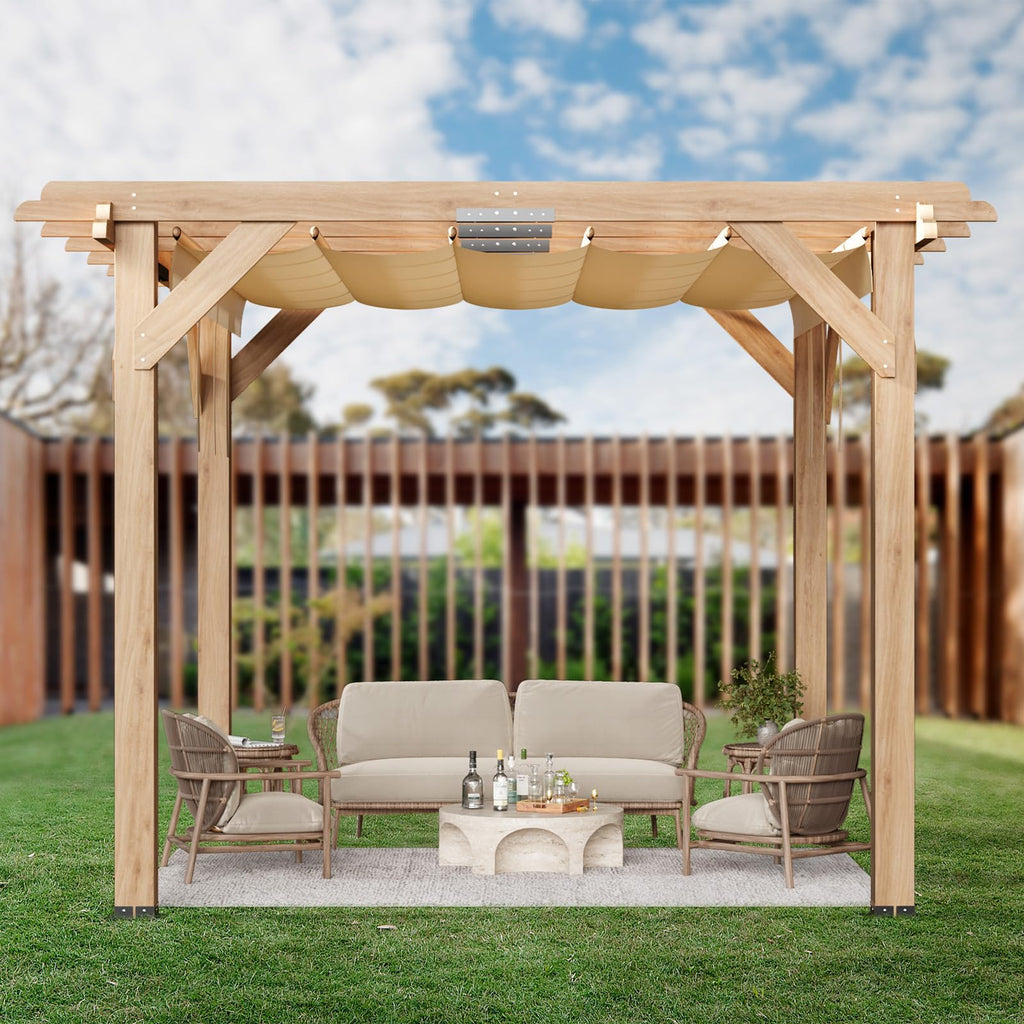 Garvee 10x12 FT Cedar Wood Pergola with Retractable Oxford Fabric Roof, Waterproof, Durable Outdoor Patio Gazebo for Backyard Relaxation