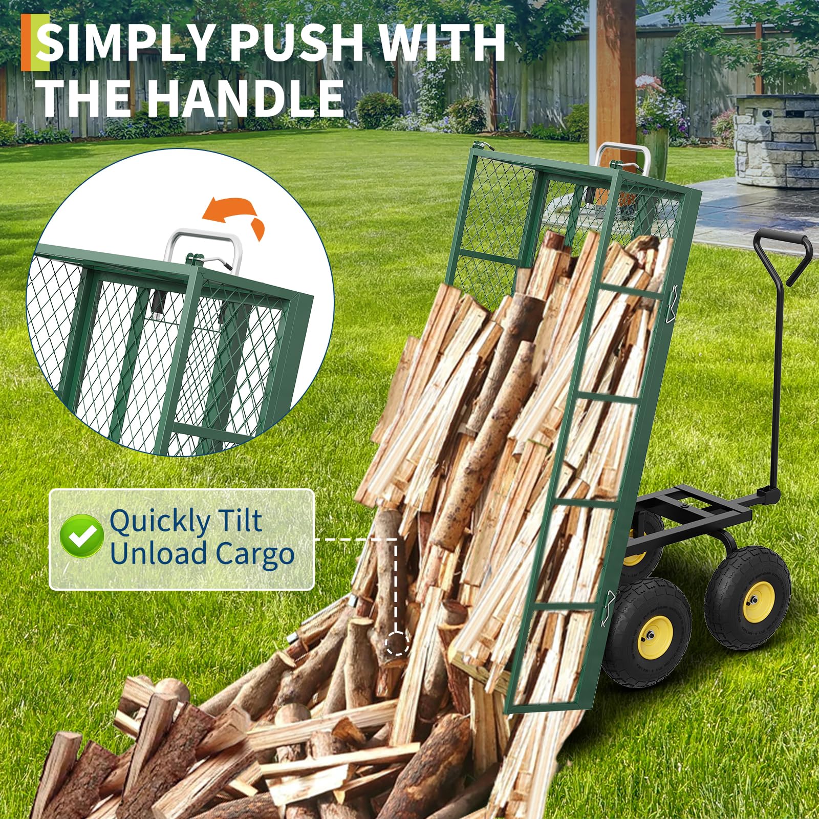 Garvee Garden Dump Cart 900 LBS Capacity Quick-Release Dumping Removable Steel Sidewalls 180° Swivel Handle 10" Pneumatic Tires Yard Farm Utility