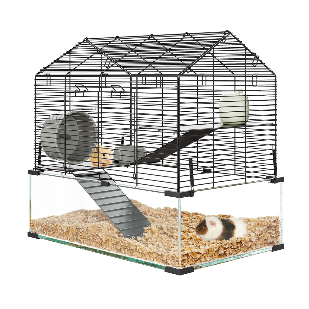 Garvee 3-Tier Hamster Cage for Syrian & Dwarf Hamsters - Multi-Level Habitat with Silent Wheel & Chew-Proof Bottle - Metal & Tempered Glass - Scratch-Resistant, Tool-Free Assembly - Compact Apartment Fit