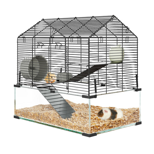 Garvee 3-Tier Hamster Cage for Syrian & Dwarf Hamsters - Multi-Level Habitat with Silent Wheel & Chew-Proof Bottle - Metal & Tempered Glass - Scratch-Resistant, Tool-Free Assembly - Compact Apartment Fit