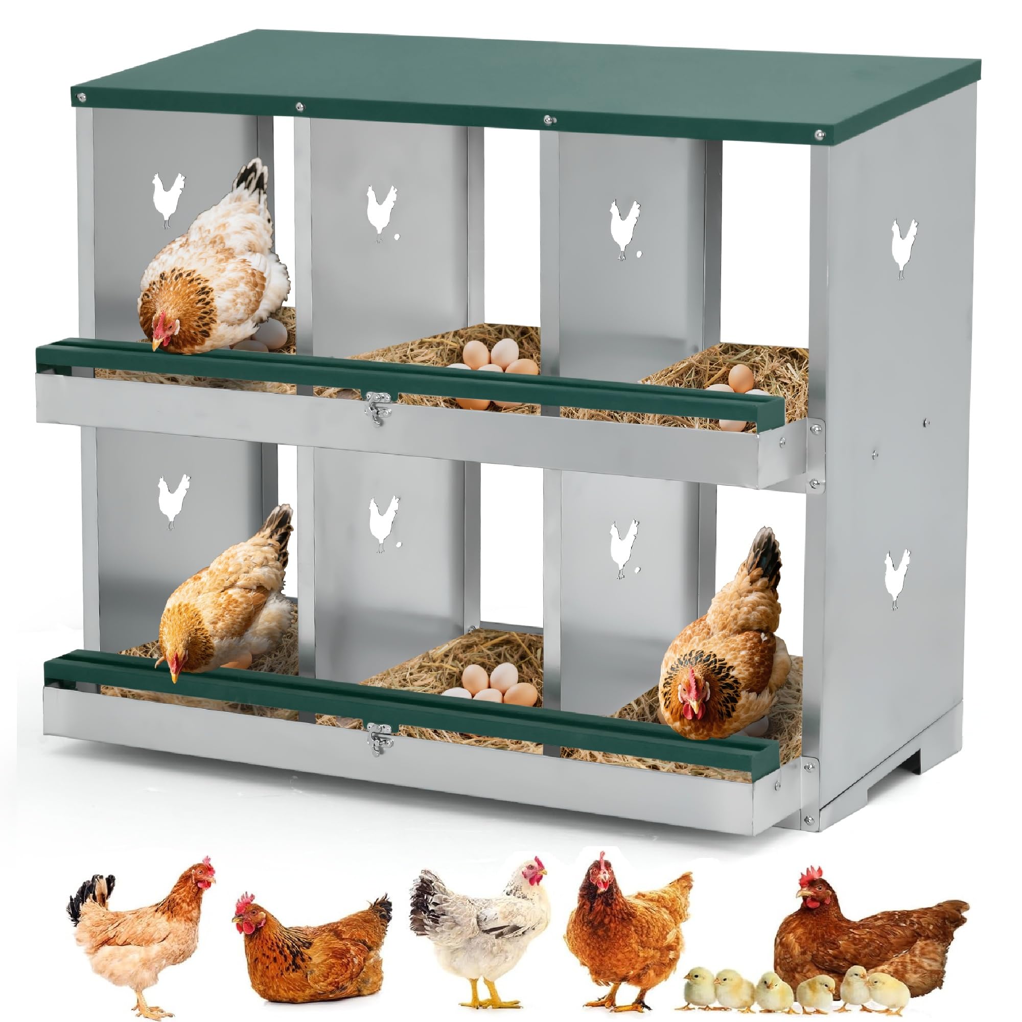 Garvee Chicken Nesting Box 6 Holes Heavy Duty Galvanized Steel Two-Tier Ventilated Dry Bedding Easy Assembly for Chicken Coop