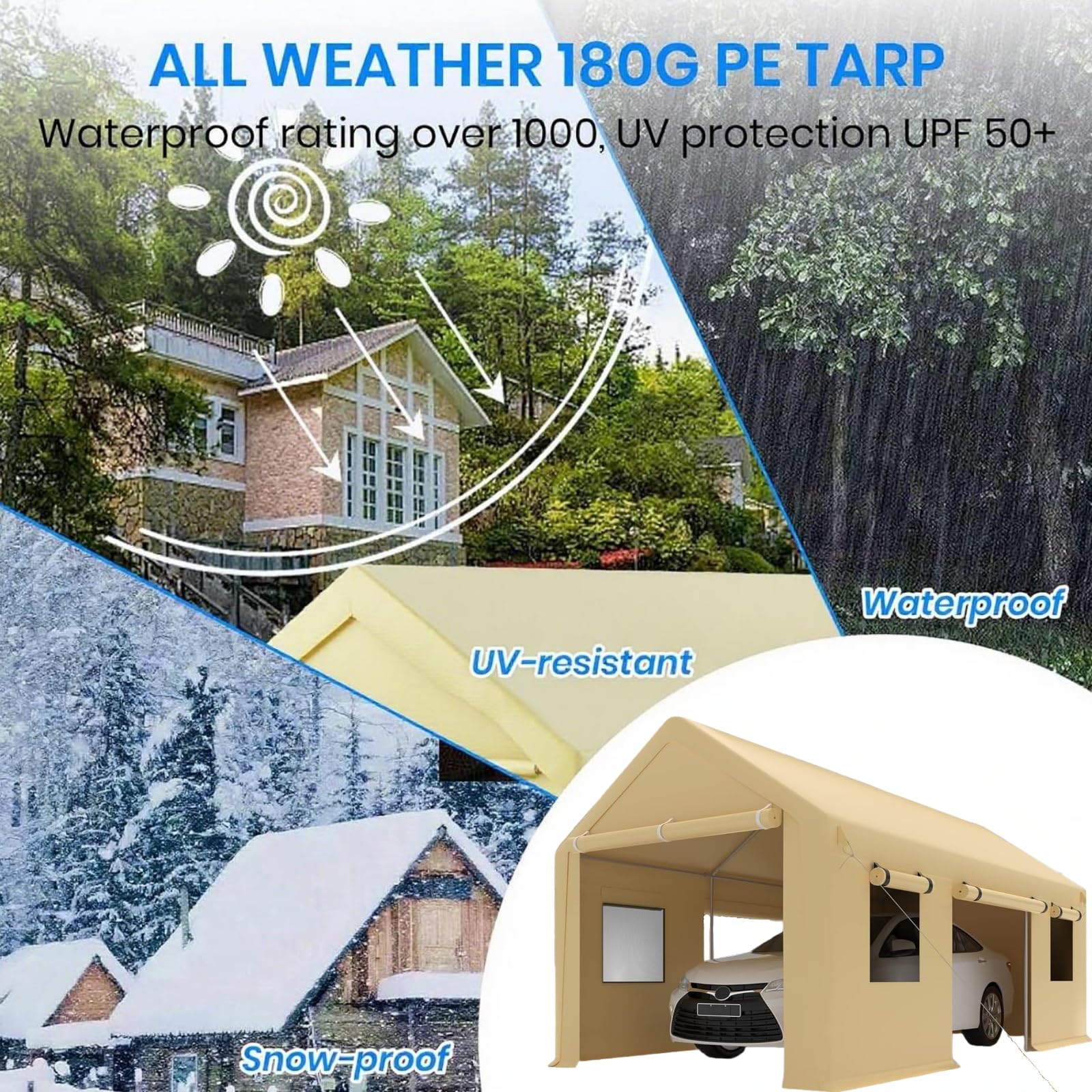 Garvee 10x20 Inch Carport Waterproof UV Resistant Roll-Up Mesh Window Heavy Duty Galvanized Steel Frame Portable Garage for Truck & Boat