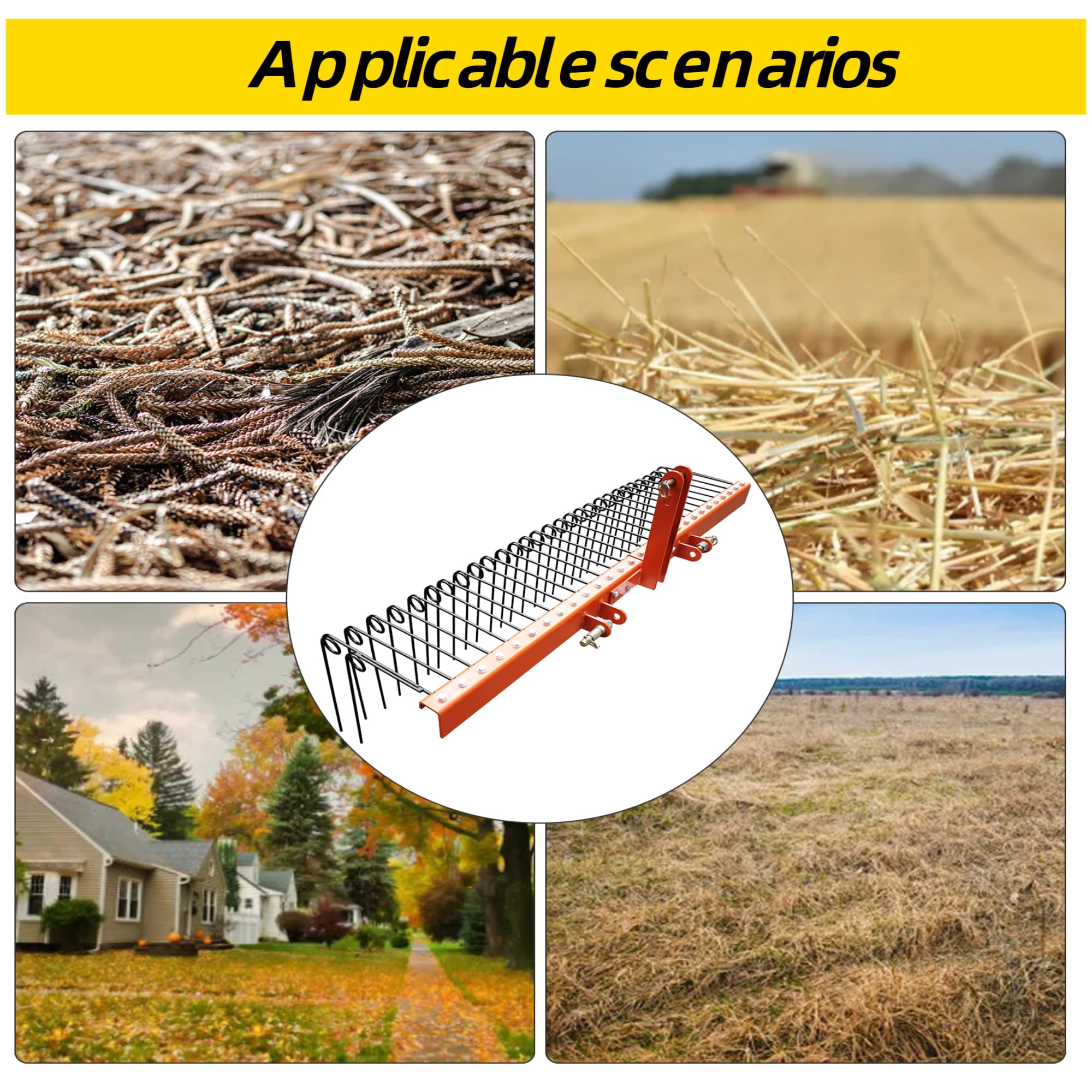 Garvee 72 Inch Pine Straw Rake Powder Coated Steel 30 Tines 3 Point Attachment Durable Rust-Resistant Landscape Garden