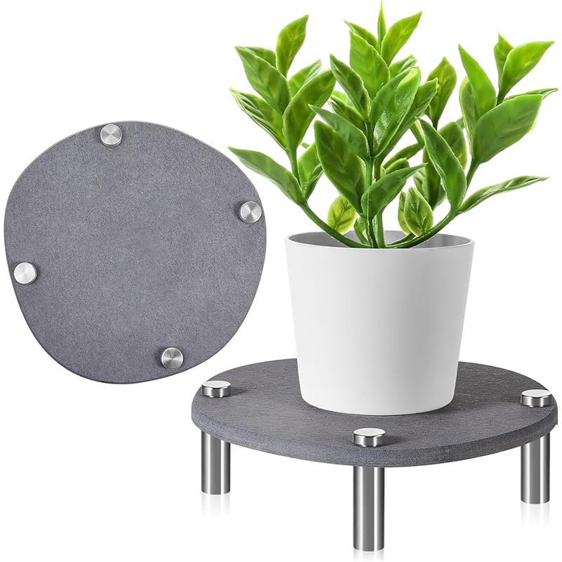 Garvee 2 Pack 8" Diatomaceous Earth Plant Saucers for Indoor, Absorbent Quick Drying Stone Plant Pot Trays with Stainless Steel Feet, No Holes Water Catcher Plates, Grey