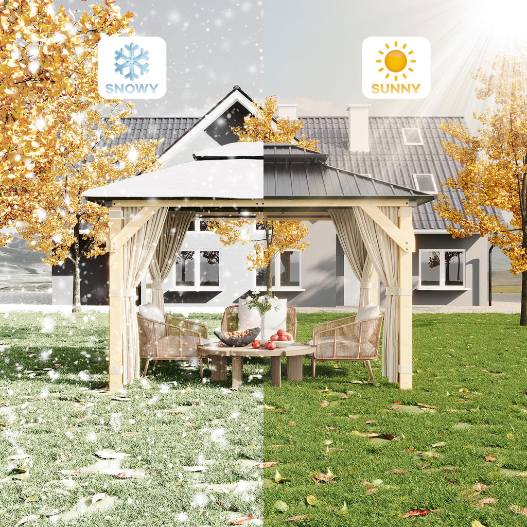 Garvee Wood Gazebo 10x12 Ft Double Galvanized Steel Roof Hardtop Wooden Frame with Nettings and Curtains for Backyard Patio Garden