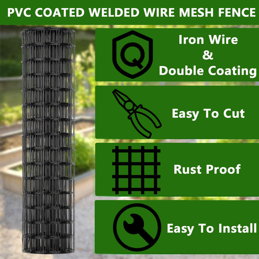 Garvee 48"x100' 19-Gauge Black Vinyl-Coated Wire Mesh - Welded Hardware Cloth w/Gloves & Plier 1/2" Galvanized for Gardens/Coops