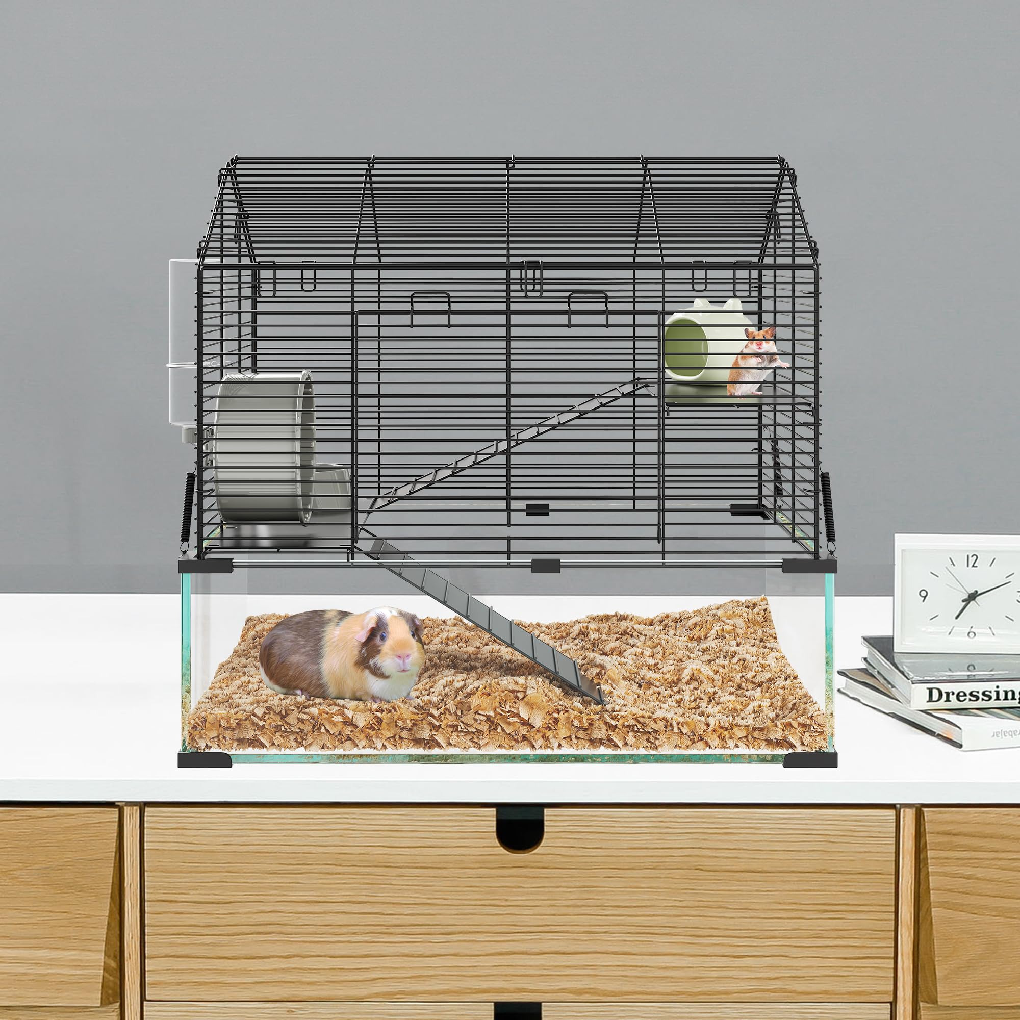 Garvee 3-Tier Hamster Cage for Syrian & Dwarf Hamsters - Multi-Level Habitat with Silent Wheel & Chew-Proof Bottle - Metal & Tempered Glass - Scratch-Resistant, Tool-Free Assembly - Compact Apartment Fit