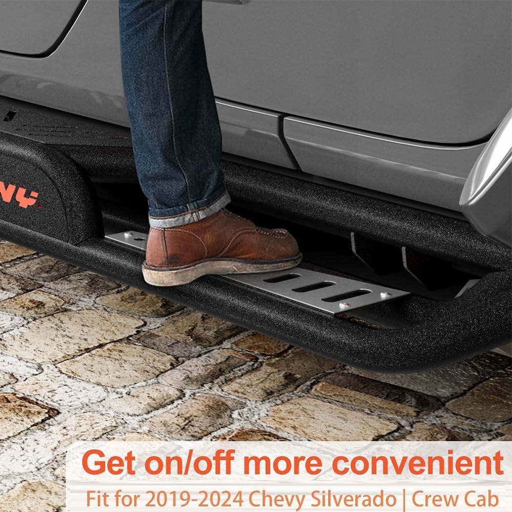 Garvee 6" Running Boards with Two-Layer Stairs Design, All-Steel Bolt-On Side Steps, Black Powder Coated Nerf Bars, Fits 2019-2024 Chevy Silverado Crew Cab (Excludes 2019 1500 LD/Limited)