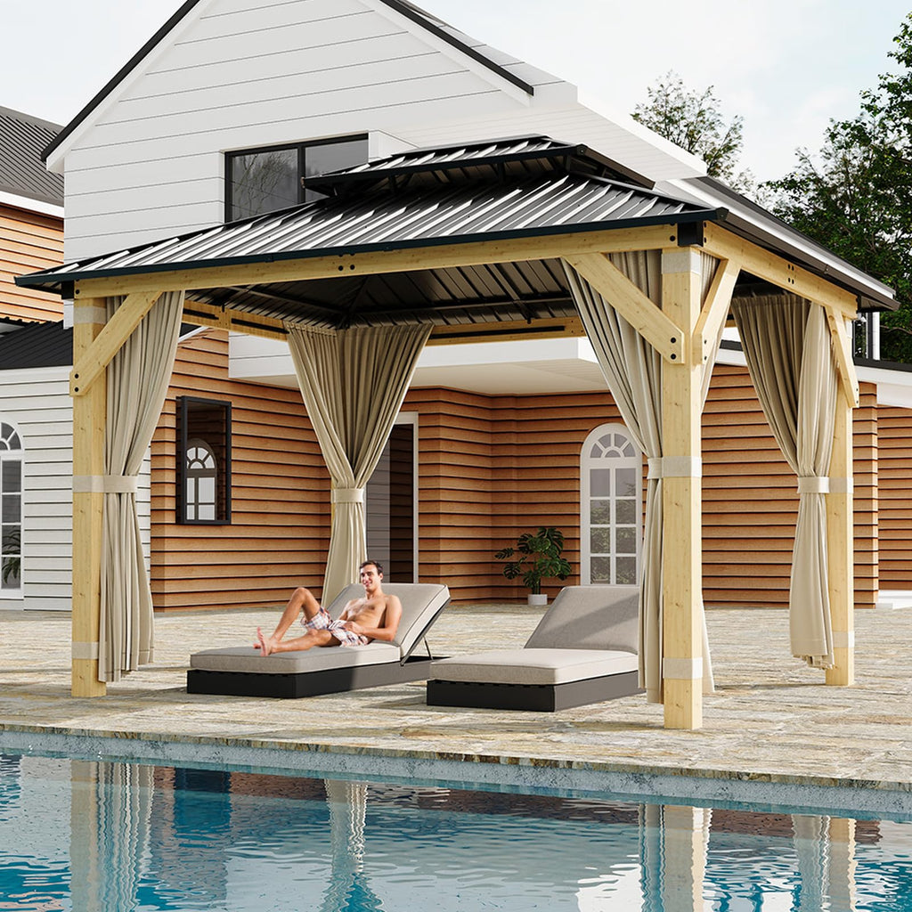 Garvee Wood Gazebo 10x12 Ft Double Galvanized Steel Roof Hardtop Wooden Frame with Nettings and Curtains for Backyard Patio Garden