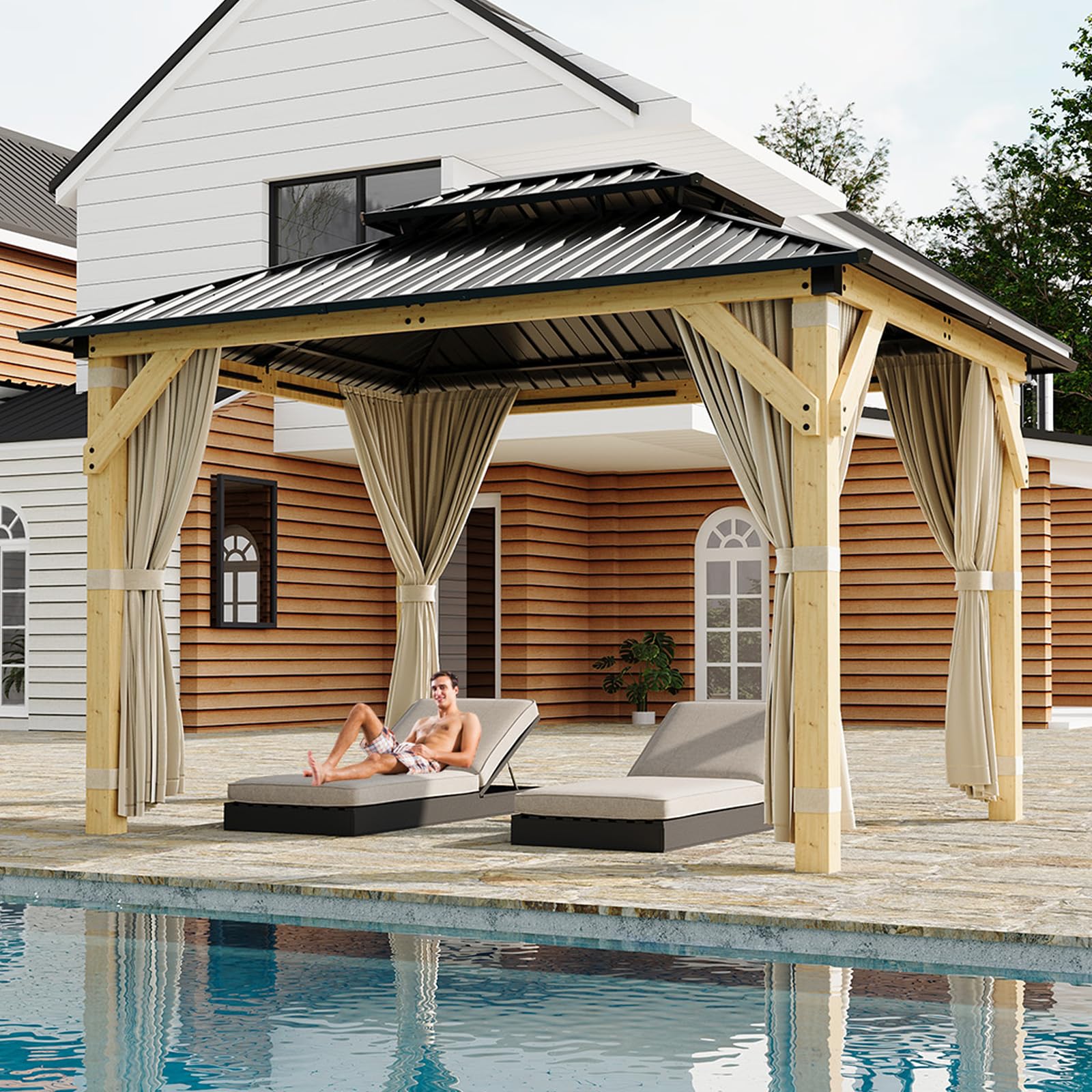 Garvee Wood Gazebo 10x12 Ft Double Galvanized Steel Roof Hardtop Wooden Frame with Nettings and Curtains for Backyard Patio Garden