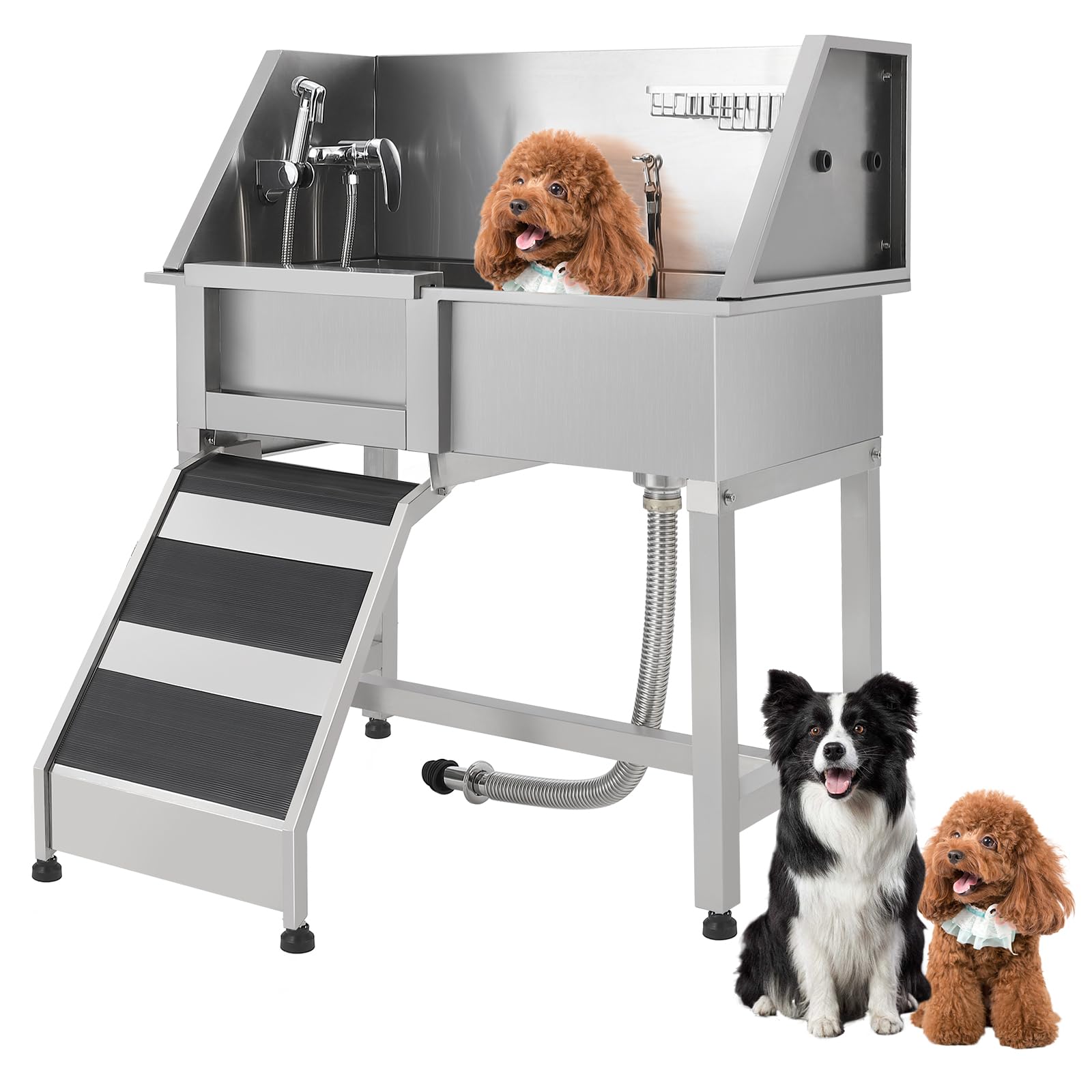 Garvee 38" Stainless Steel Dog Washing Station with Ramp & Sliding Door, Anti-Slip Grate, Left Stairs, Commercial-Grade, Grooming Salon & Home Use