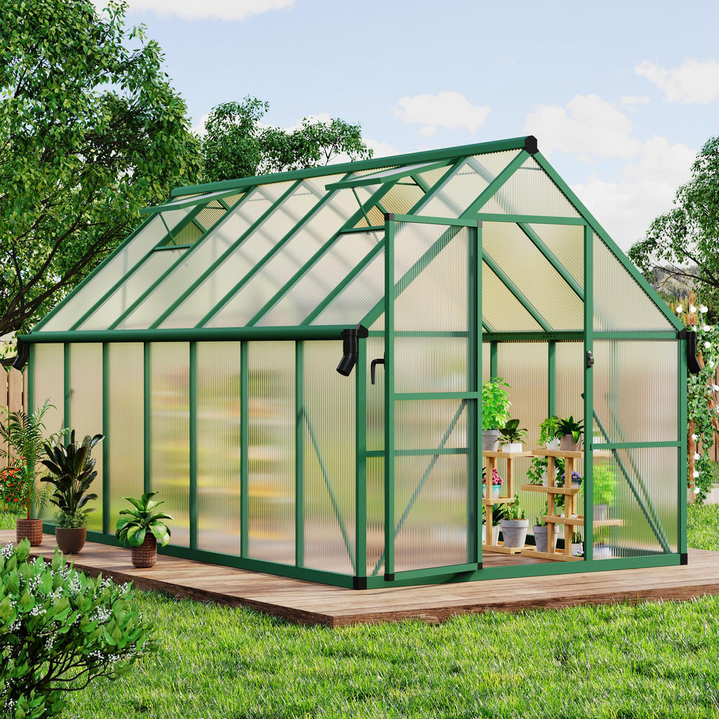 Garvee Spacious 8x14 FT Polycarbonate Greenhouse for Backyard – Large Aluminum Walk-In Grow Tent, Roof Vent, Ground Stakes, Lockable Push Door, For Garden Plants, Color: Green
