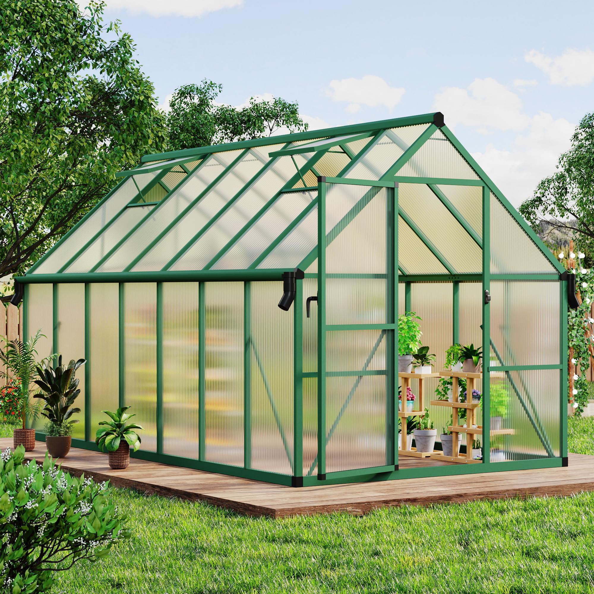 Garvee Spacious 8x14 FT Polycarbonate Greenhouse for Backyard – Large Aluminum Walk-In Grow Tent, Roof Vent, Ground Stakes, Lockable Push Door, For Garden Plants, Color: Green