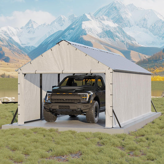 Garvee 11' × 20' Heavy Duty Enclosed Steel Carport, Vertical Roof Outdoor Storage Shelter for Trucks, Boats & Tractors