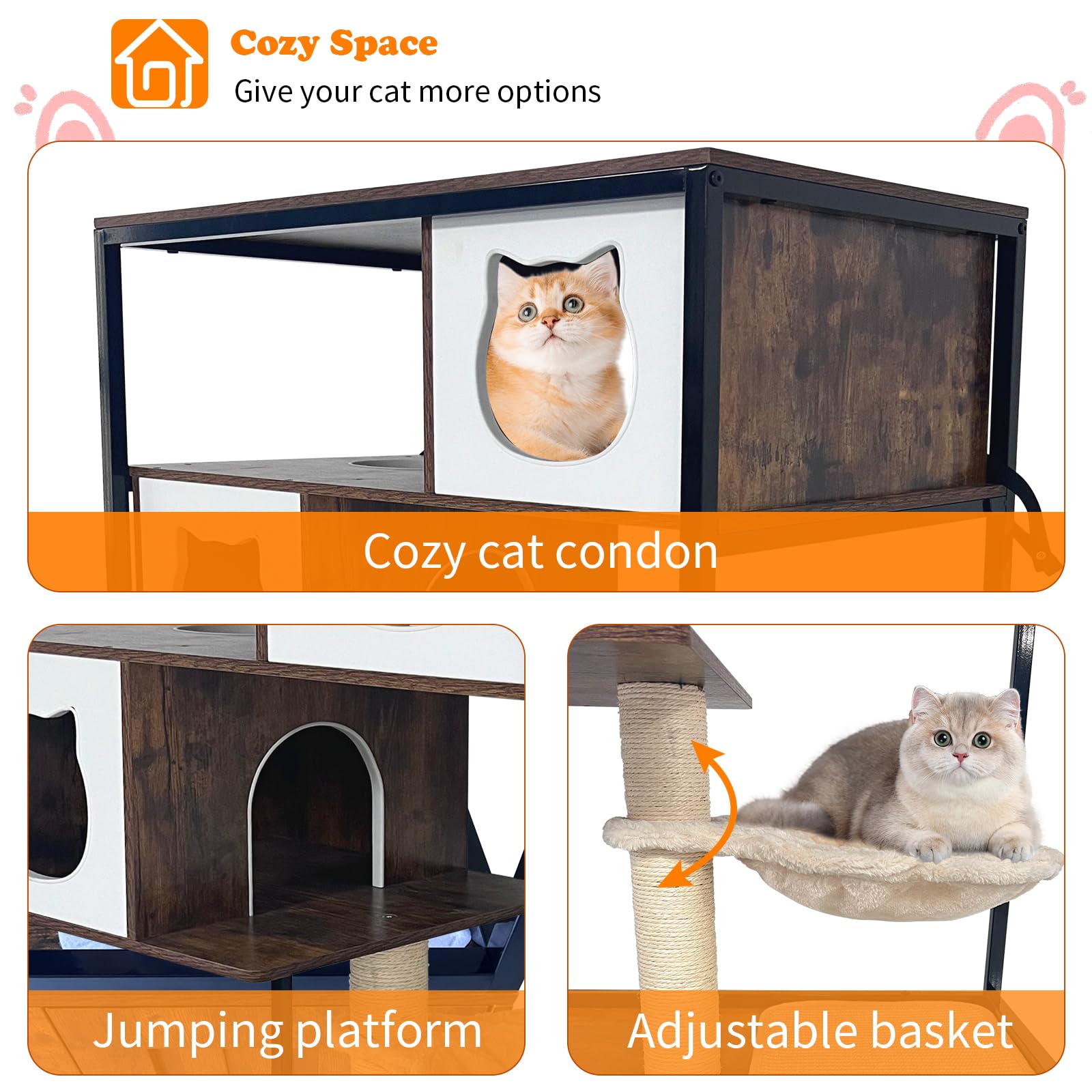 Garvee Cat Litter Box Enclosure Hidden Litter Box Multi-Level Play Area Durable Particleboard Metal Frame Anti-Tip Kit Wheels Indoor Cat Furniture